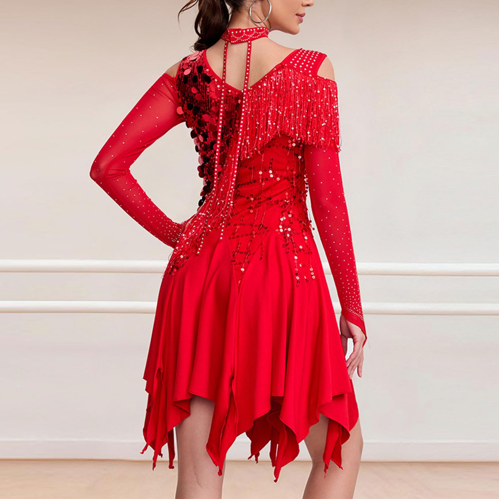 Warmes, langärmeliges Latein Tanzkleid, glitzernde Fransen, ideal für kaltes Wetter, Pailletten Fransenkleid