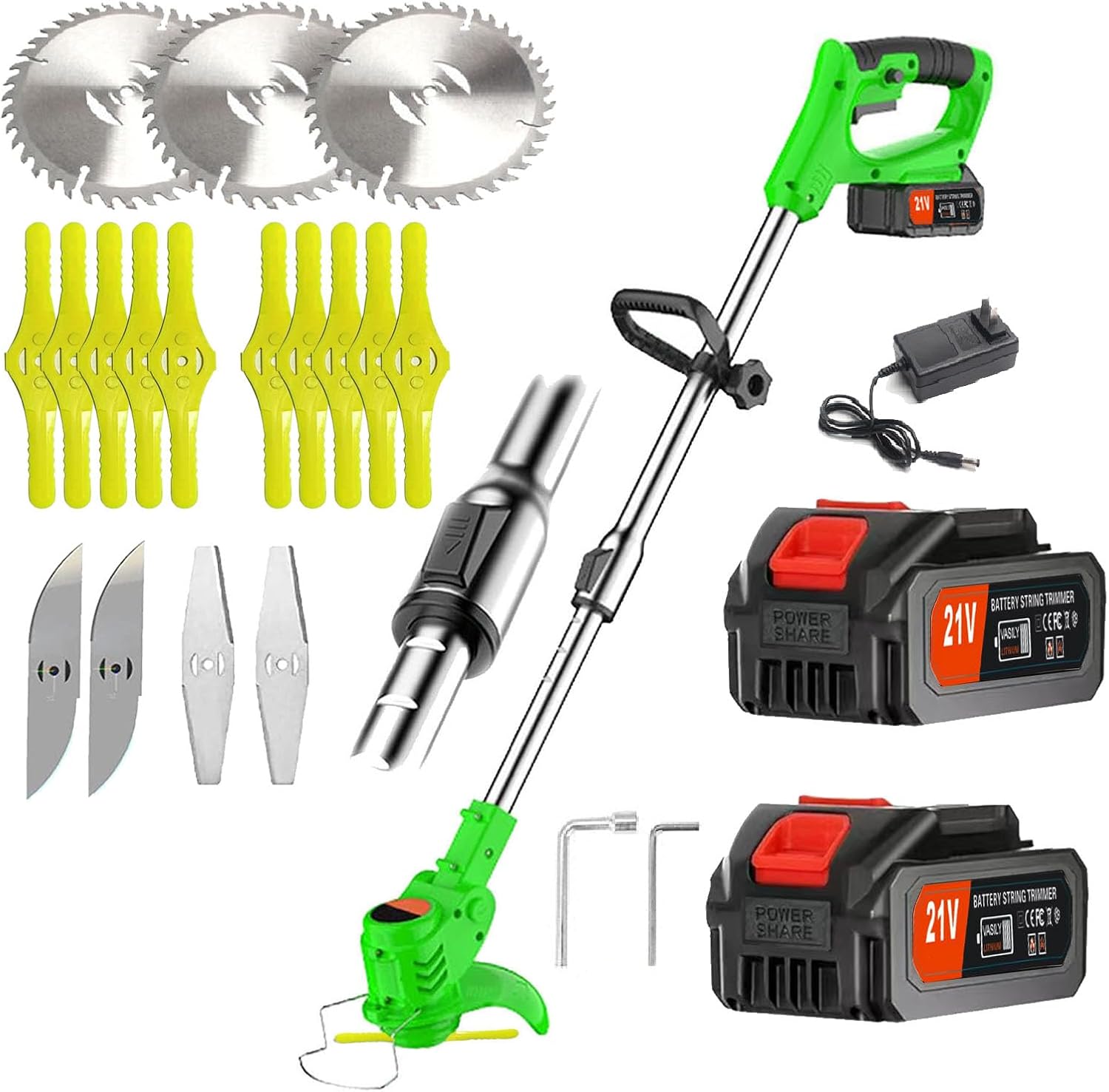 Electric Weed Wacker 21V String Trimmer,Cordless Trimmers with 4 Types Blades, 2 Li-ion Batteries, 1 Charger,Grass Cutter Used for Dense Weeds and Garden Yard Trimming (Green)