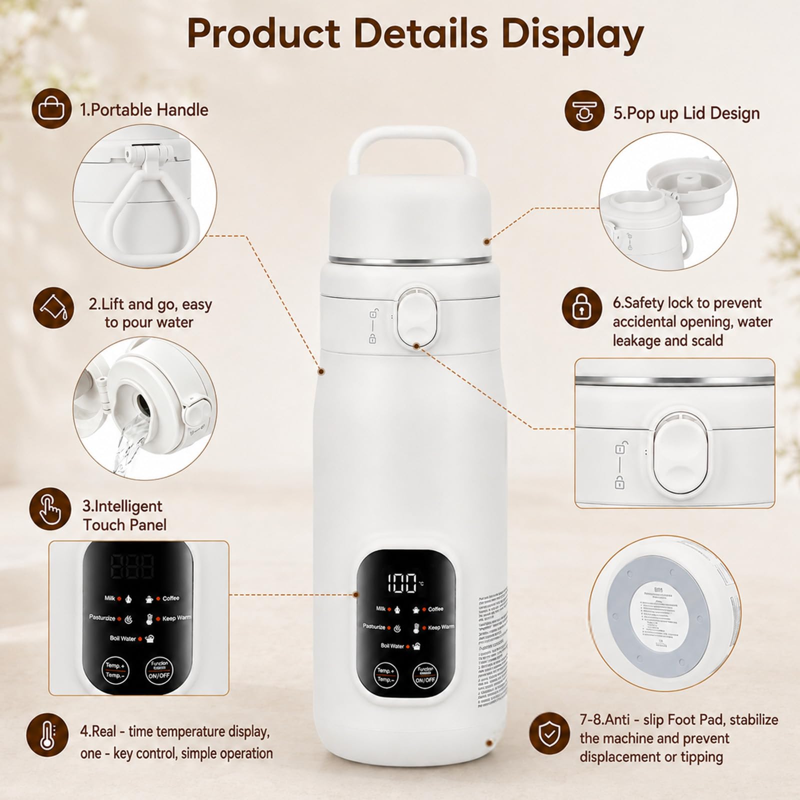 Bouilloire électrique portable 500 ml, 3 types d'alimentation de voiture/USB/prise européenne, 5 réglages de température