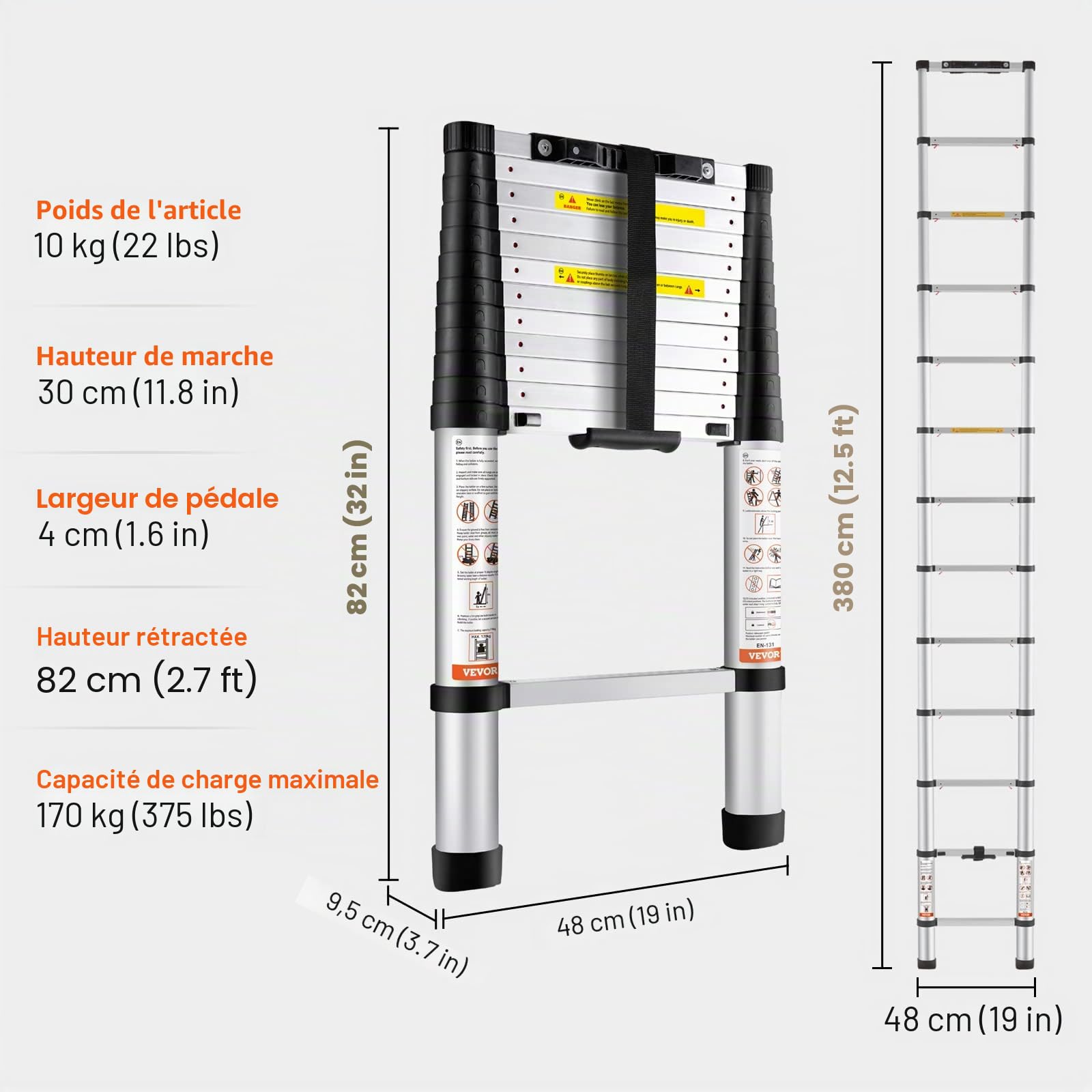 VEVOR Échelle Télescopique Aluminium 3,8 m Escabeau Extensible Capacité 170 kg avec Pieds Antidérapants Échelle Compacte Portable Polyvalente Rétraction à Un Bouton pour Réparation Maison Camping-Car