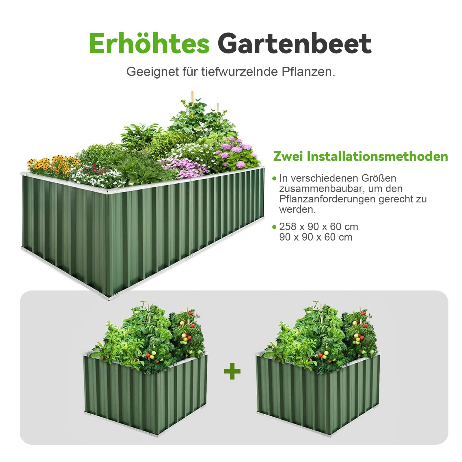 KING BIRD Hochbeet Metall 258x90x60cm, Hochbeete-Kit für Garten aus Verzinktem Stahl, Rostfrei und Haltbarkeit, Einfacher Aufbau, für Gemüse Kräuter Blumen,Grau