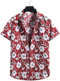 Summer Hawaiian Shirts, Unisex Funky Aloha Shirts Floral Print Red Short Sleeve Shirts Casual Summer Shirts Beach Shirts Fancy Print Hawaii Top Soft Shirts For Men Women Teens Party