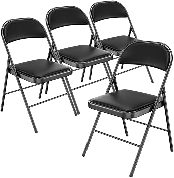 Bonnlo Folding Chair with Comfortable Padded Cushion and Back, Portable Folding Chairs for Outside, Office Events, Weddings, Pu Leather, 4 Black