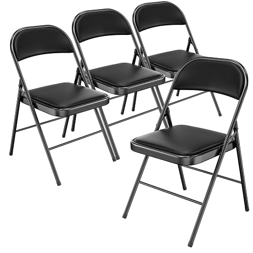 Bonnlo Folding Chair with Comfortable Padded Cushion and Back, Portable Folding Chairs for Outside, Office Events, Weddings, Pu Leather, 4 Black