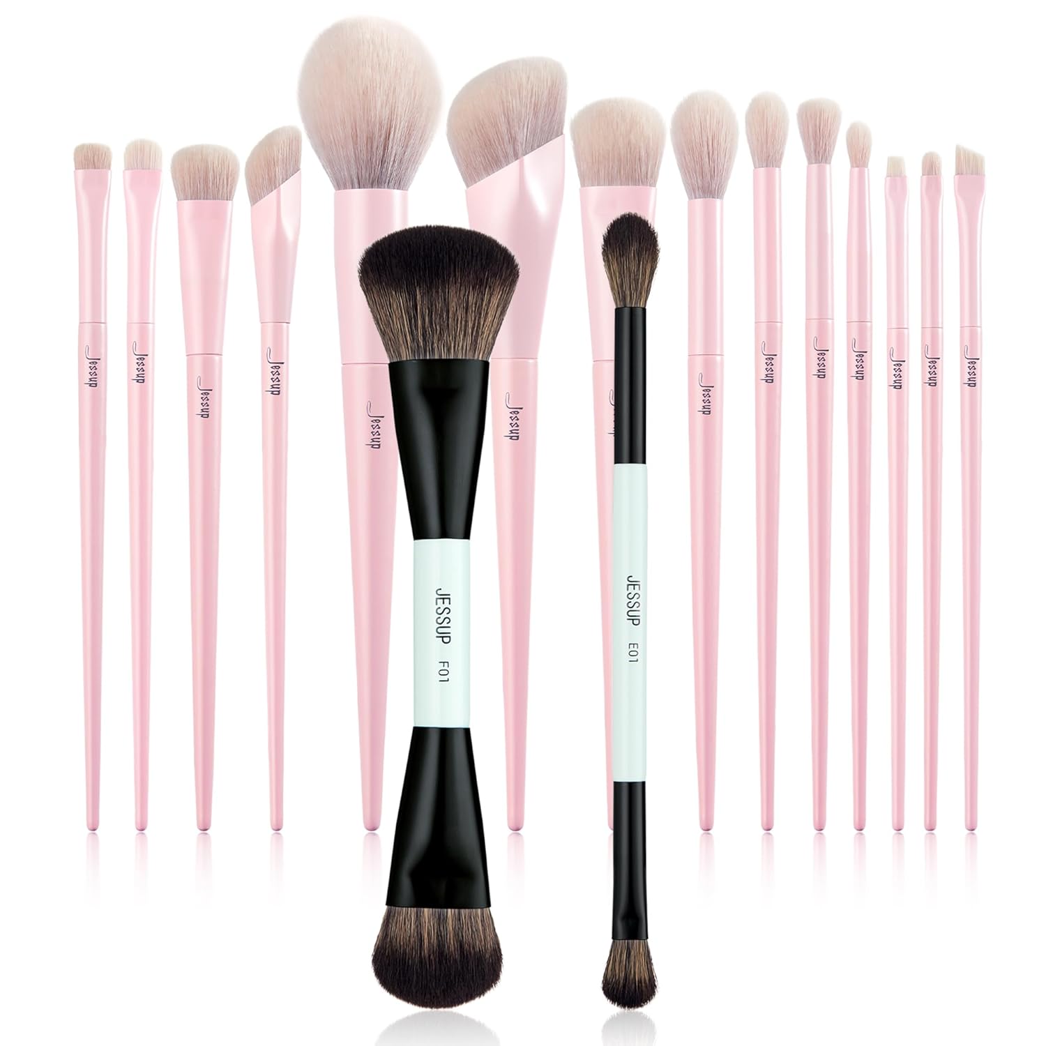 Jessup Pink Makeup Brushes 14Pcs T495 Bundled with Double Sided Makeup Brushes Set T502