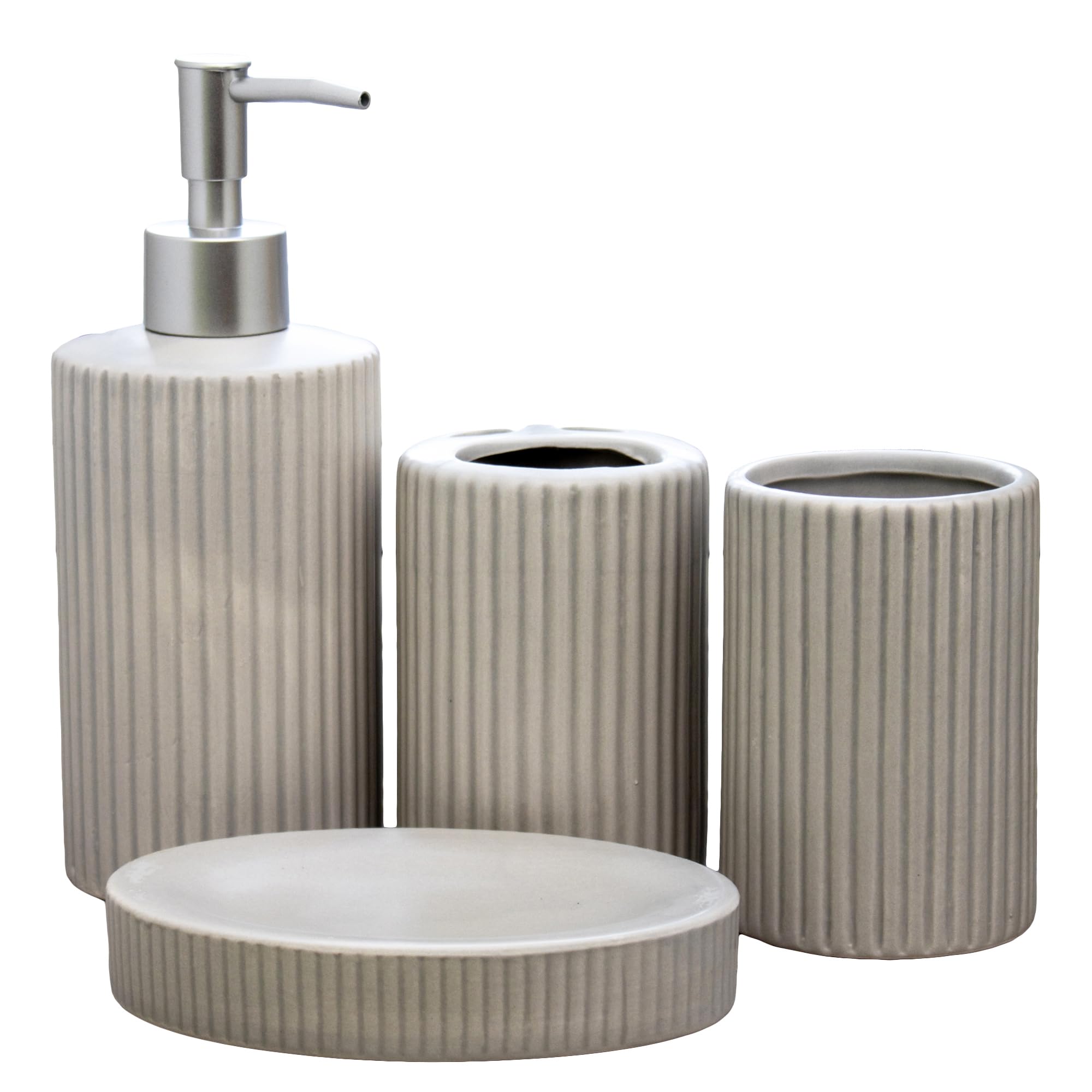 Set Of 4 Ceramic Bathroom Accessories Ribbed Dispenser Dish Toothbrush Tumbler (Sage Grey)
