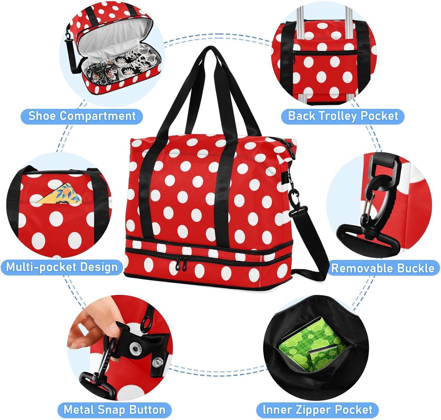 ブラック ホワイト ポルカ ドット ジム バッグ レディース メンズ 旅行 ダッフルバッグ シューズコンパートメント付き キャリーオ
