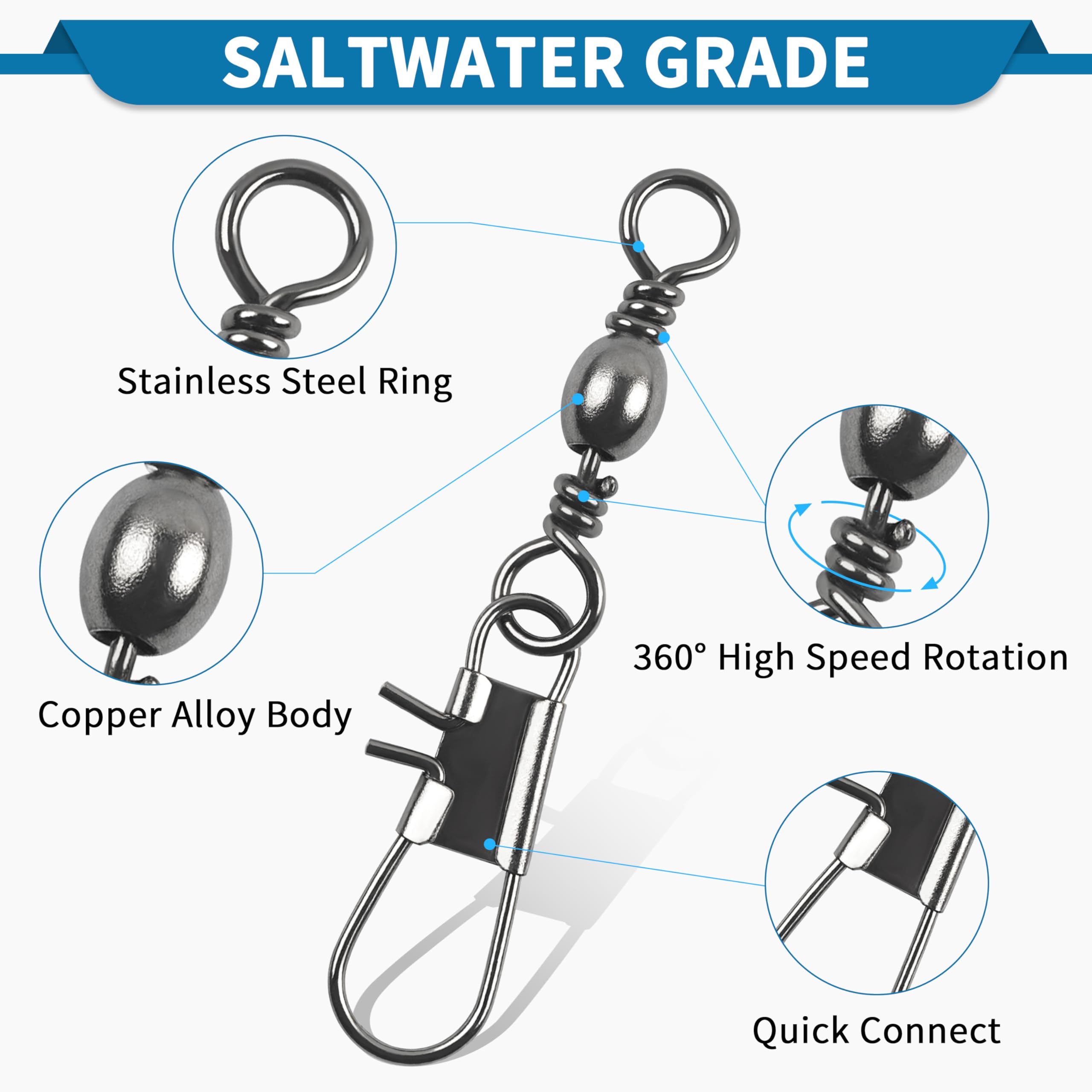 Shaddock Fishing Barrel Fishing Swivels with Safty Snap, 100pcs Saltwater Freshwater Swivels Tackles, Stainless Steel Interlock Snaps, Fishing Line Connector, Black, Size10 : Sports & Outdoors