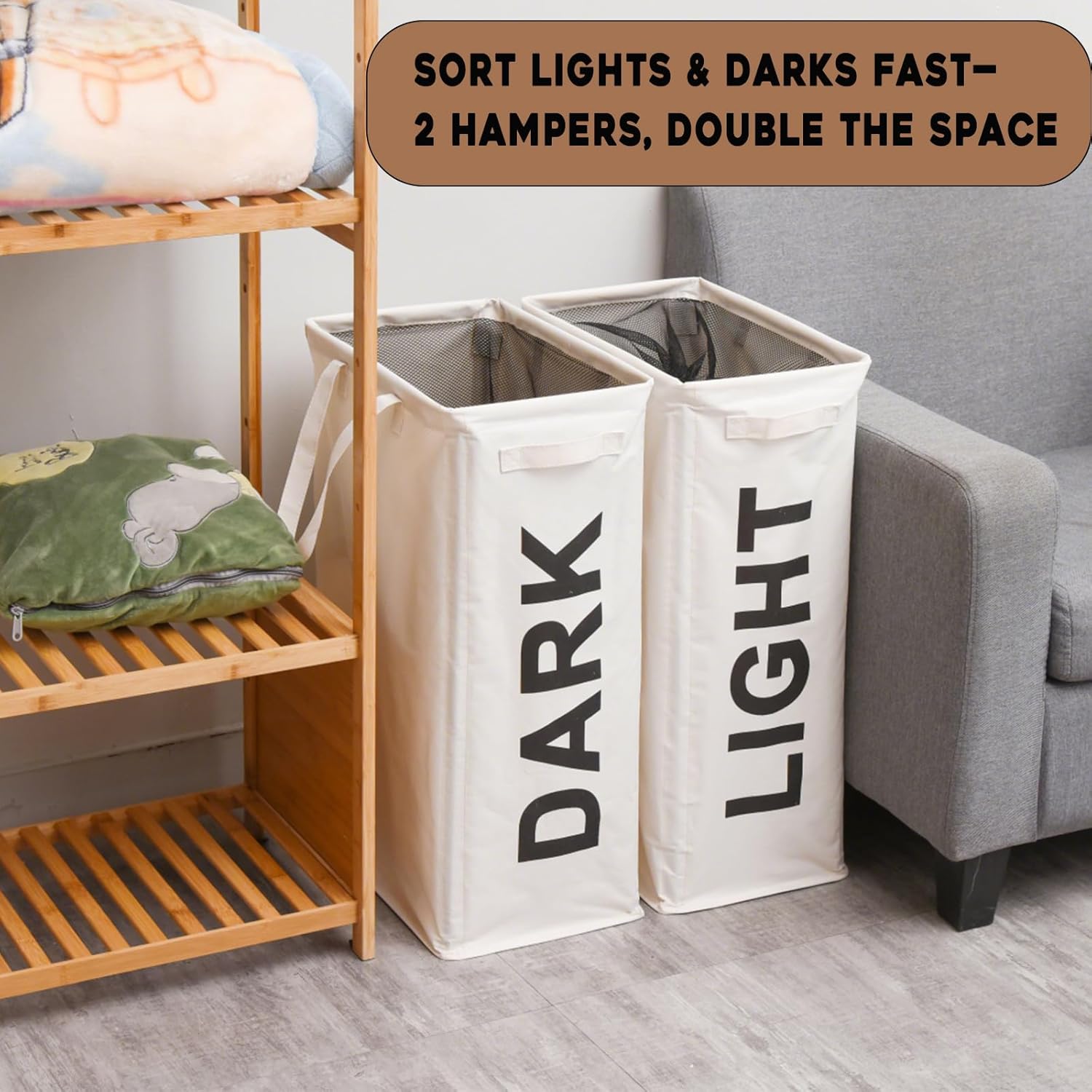 Haundry Slim Laundry Basket, Narrow Laundry Hamper with Handles, Collapsible Dirty Clothes Hamper, Tall Laundry Bin for Laundry Room, Dorm and Bedroom, 17.2 Gallons(63L) Beige