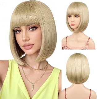 Sarannala Blonde Bob Wigs with Flat Bangs Include Wig Cap 12 Inch Heat Resistant Synthetic Fiber Hair for All Women Adults Halloween Costume Colorful Wigs (Blonde)