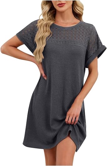 Eyelet Mini Dresses for Women Short Sleeve Hollow Out Knit Comfy Dress 2026 Round Neck Home Wear Loose Sleepwear