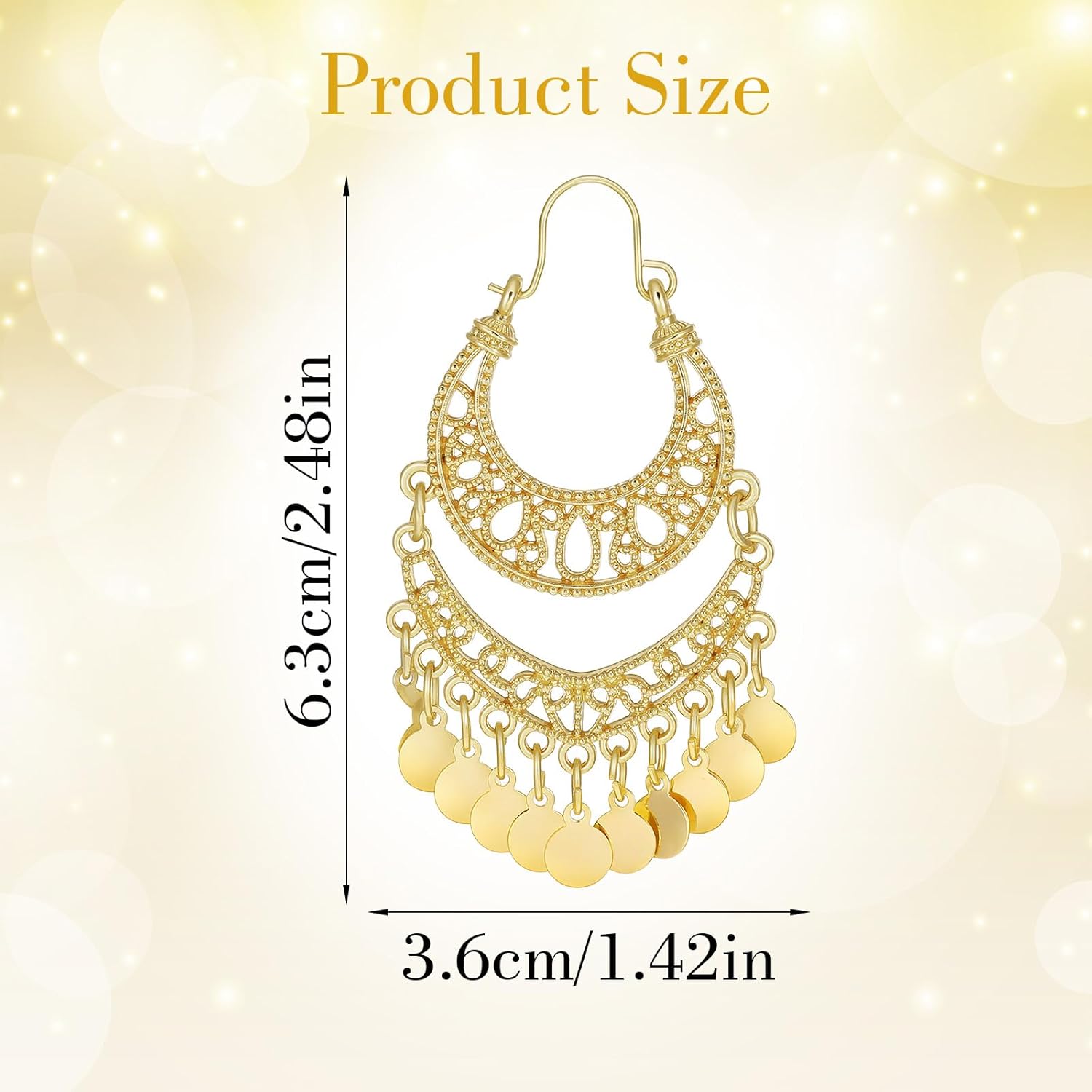 Vintage Boho Chunky Dangle Earrings for Women - Golden Plated Statement Drop Earrings with Intricate Openwork Tribal Pattern, Wedding & Party Accessories (1 Pair) - Image 2