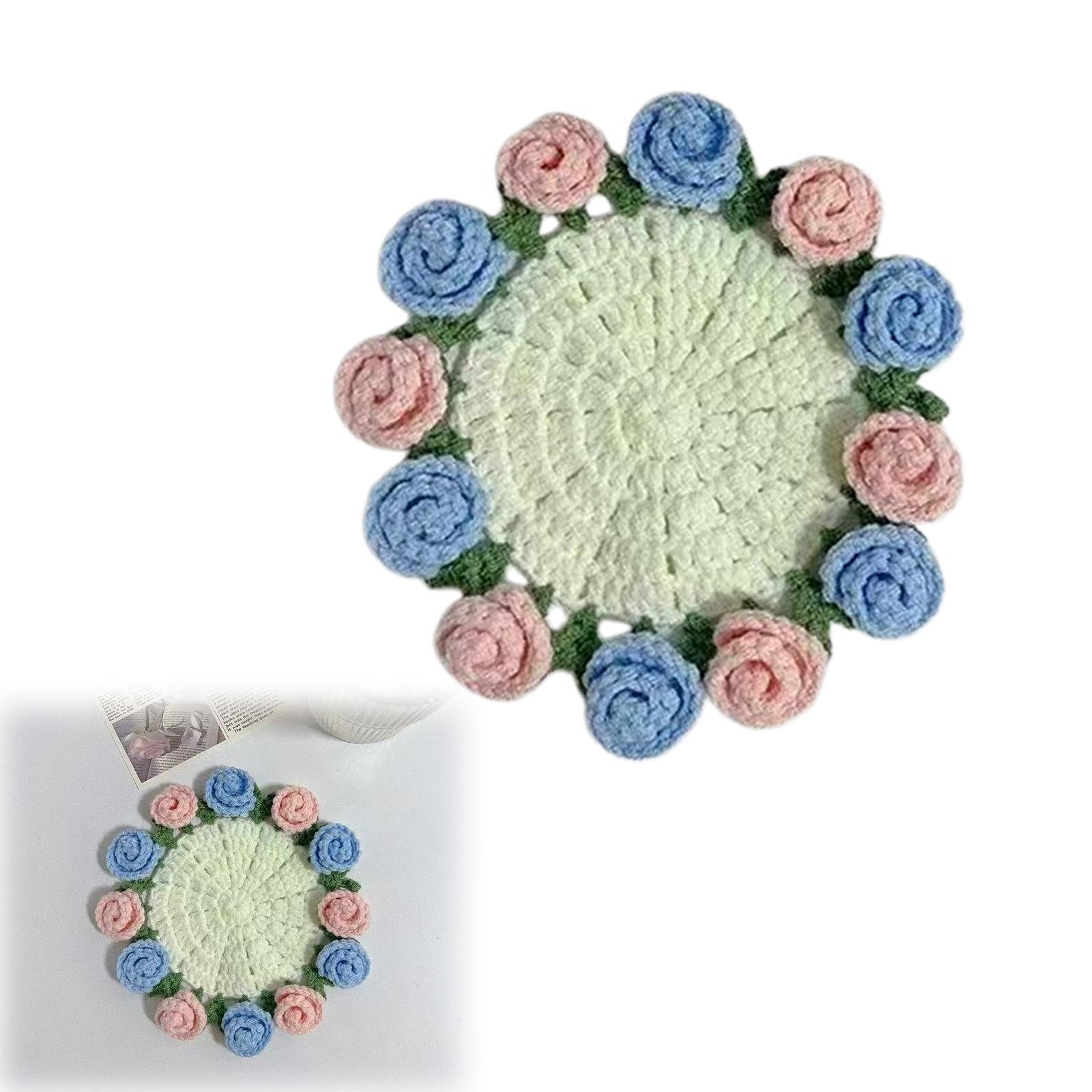 APGLSXY Hand Knitted Miniature Blanket Rose Bouquets Coasters Set with 3D Flower for Cup Mugs Table Decors Blossomy Cup Mats Miniature Blanket Rose Arrangement