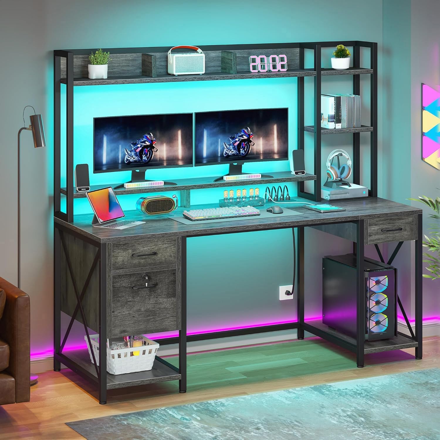 YITAHOME Computer Desk with Hutch & Drawers, 59" Office Desk with Power Outlets, Gaming Desk with LED Lights and Storage Shelves, Grey