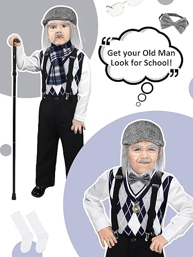 Miniatura 6 de SOMSOC Disfraz de anciano de 16 piezas de 100 días de escuela para niños, disfraz de abuelo para la escuela, fiesta de cosplay