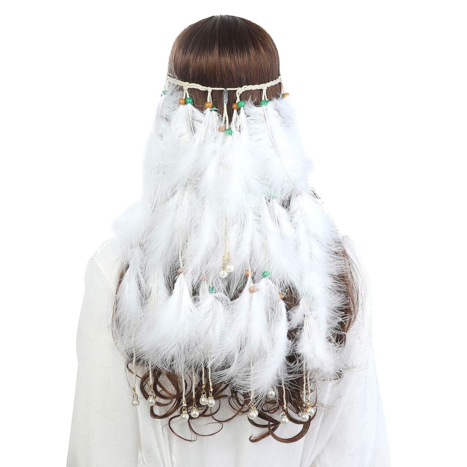 AWAYTR Hippie Headband Feather Dreamcatcher Headdress Boho Headwear Native American Headpiece Hippie Clothes Peacock Feather Hair Accessories (White+pearl)
