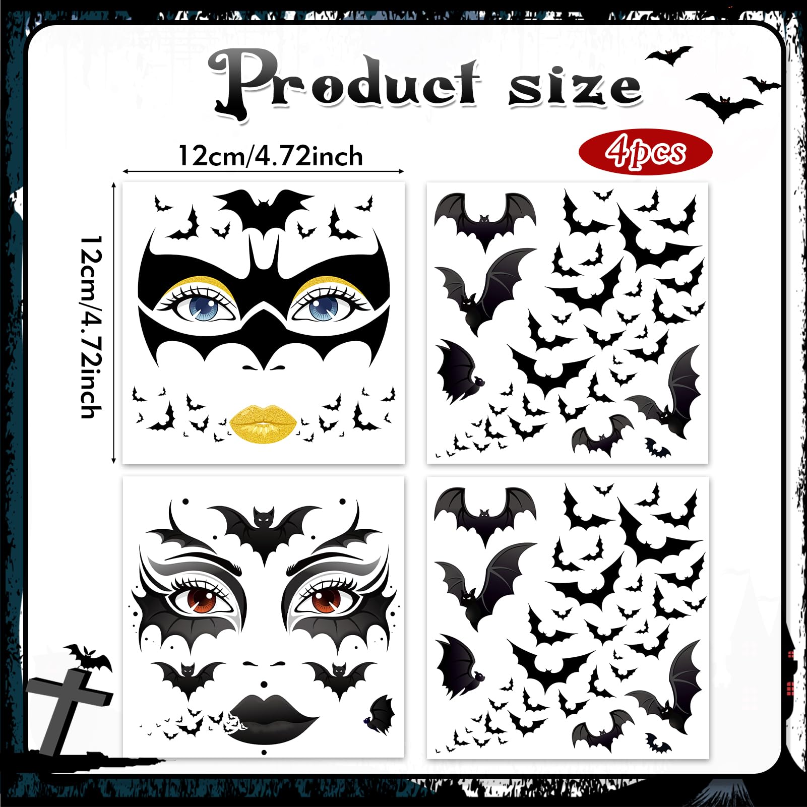 HOWAF 4 PCS Halloween Face Tattoos, Bat Face Sticker Temporary Tattoos Stickers for Bat Costume Carnival Halloween Costume Women Men - Image 2