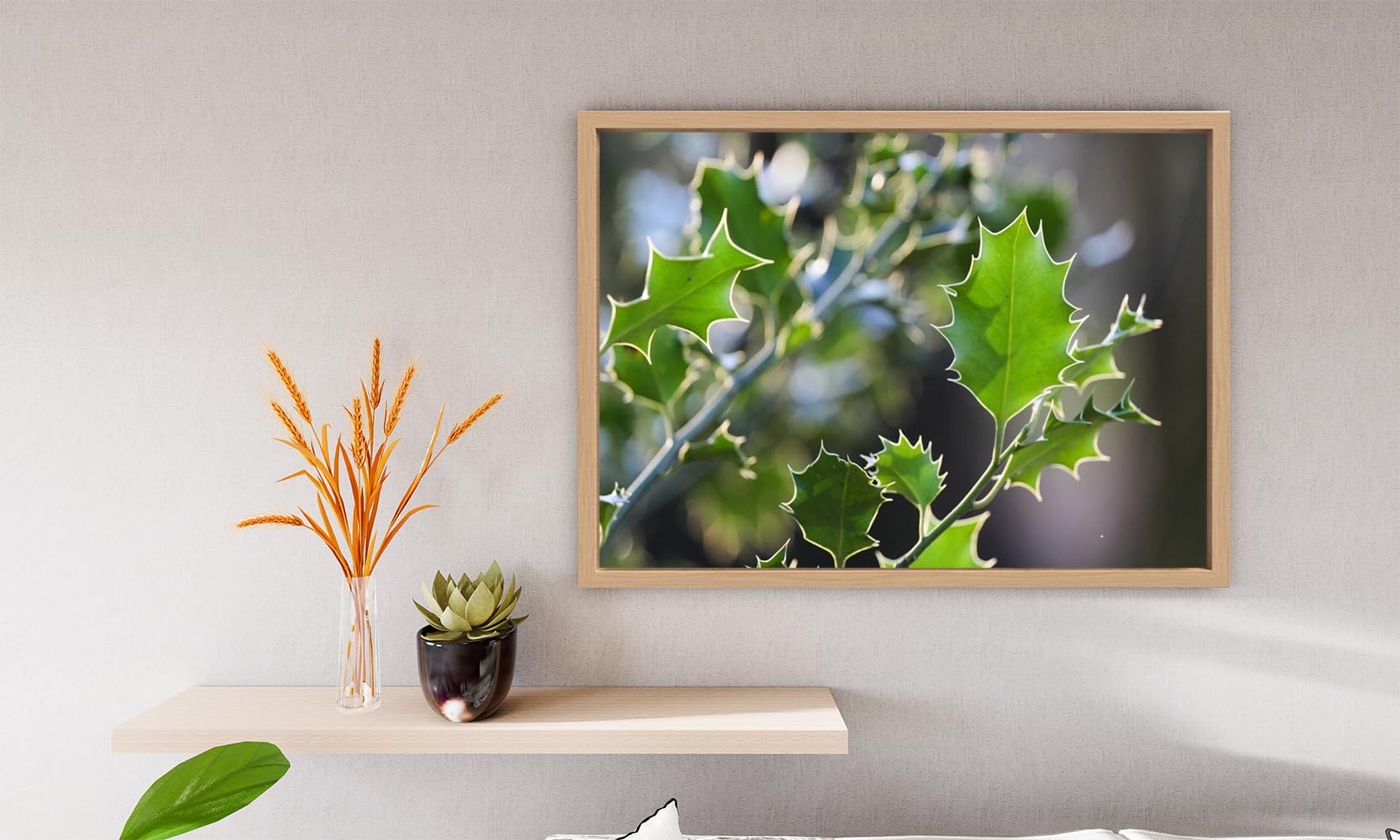 VERRE ART Printed Framed Canvas Painting for Home Decor Office Wall Studio Wall Living Room Decoration (14x10inch Wooden Floater) - Ilex Tree Leaves