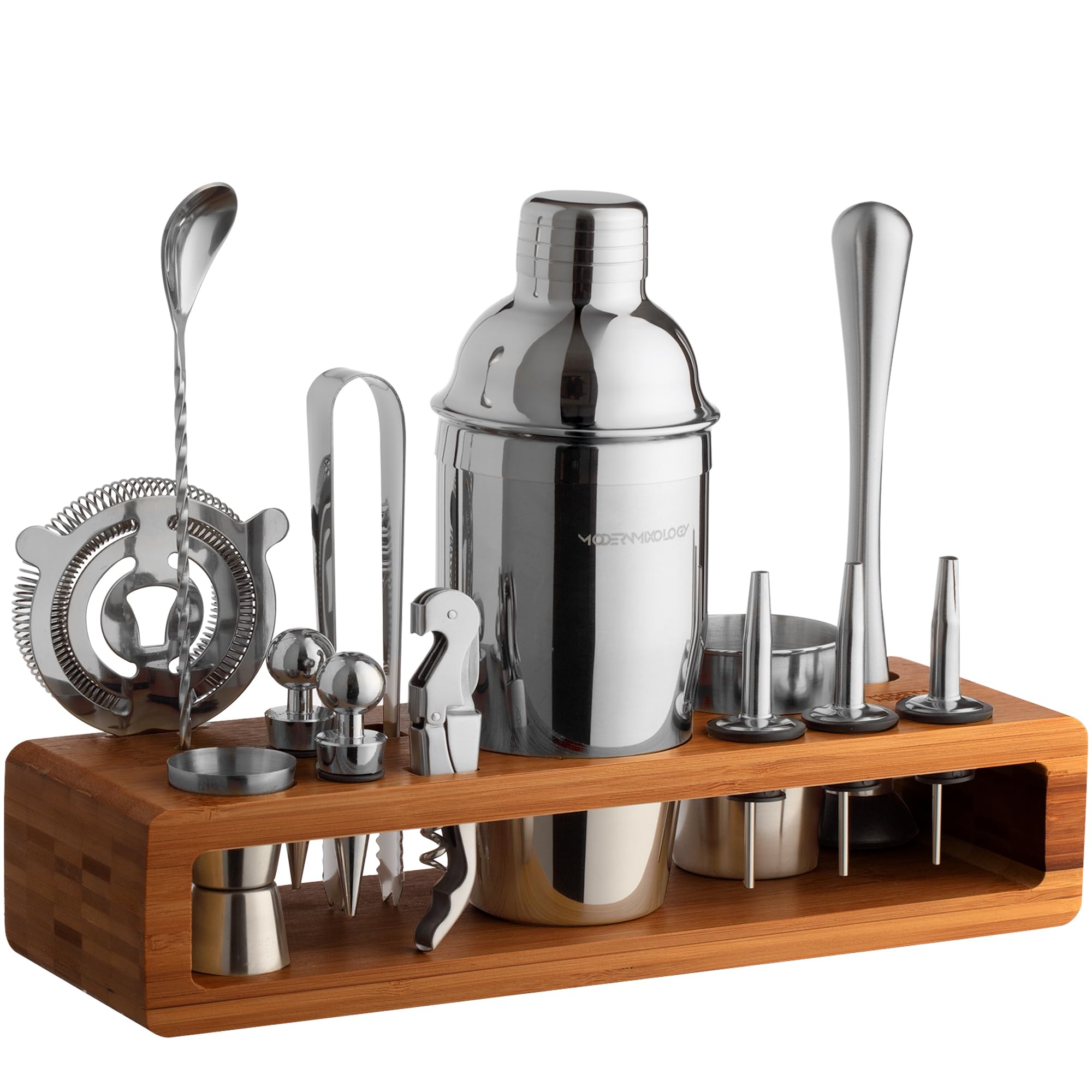 Mixology Bartender Kit: 23-Piece Bar Set Cocktail Shaker Set with Stylish Bamboo Stand | Perfect for Home Bar Tools Bartender Tool Kit and Martini Cocktail Shaker for Awesome Drink Mixing (Silver)