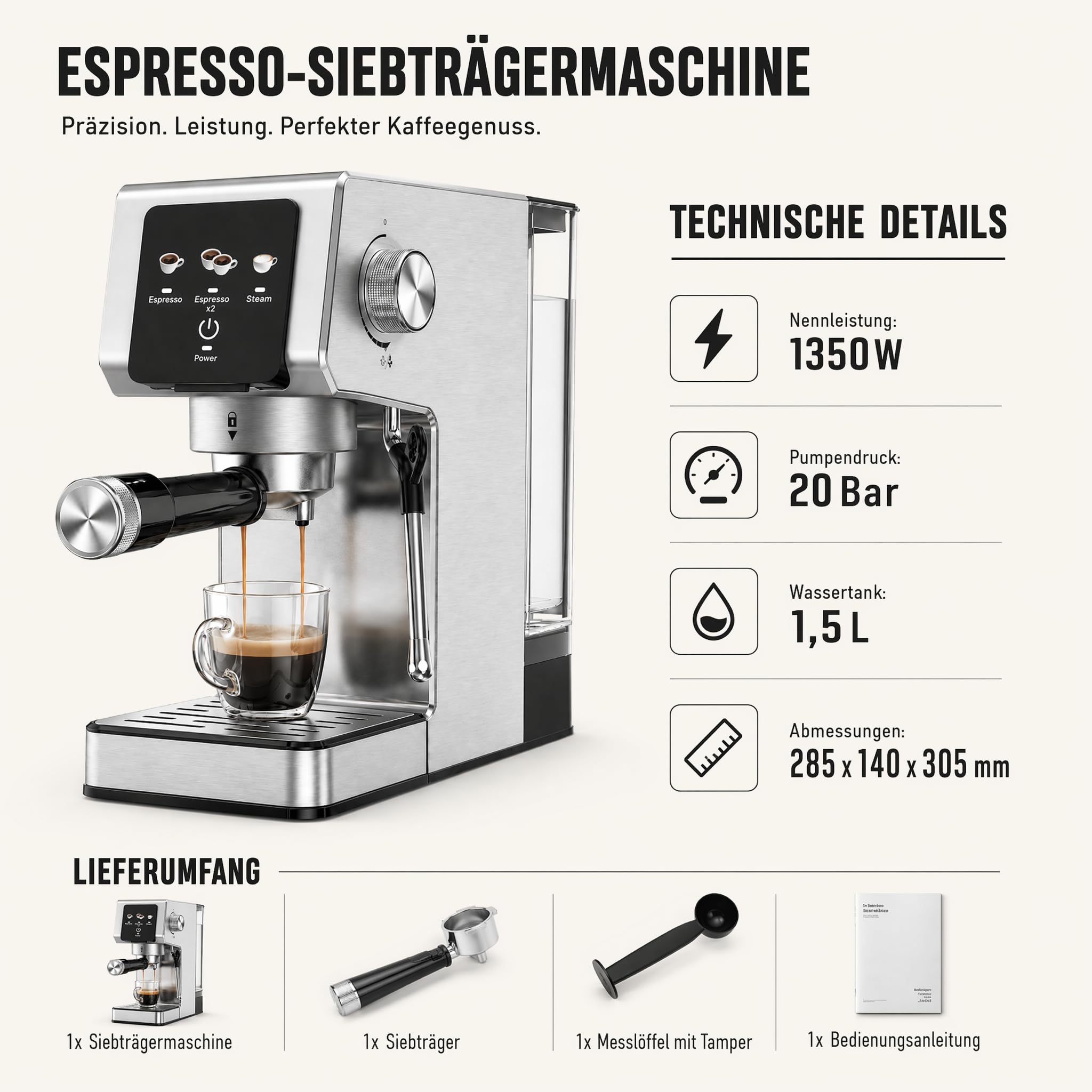 Espressomaschine 20 Bar Siebträgermaschine mit Touchscreen, 1350W Kaffeemaschine mit Milchaufschäumer, 1,2L Wassertank, Einzel- & Doppelshot