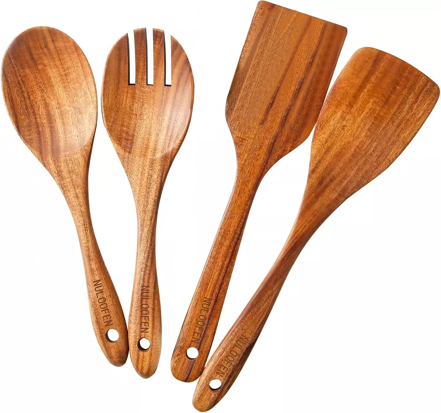 4Pcs Wooden Spoons for Cooking Wood Kitchen Utensils Set for Cooking Natural Wood Spatulas Nonstick Cooking Utensils Wok Spatula Set, Fried Spatula, Solid Turner and Salad Fork Kitchen Tools