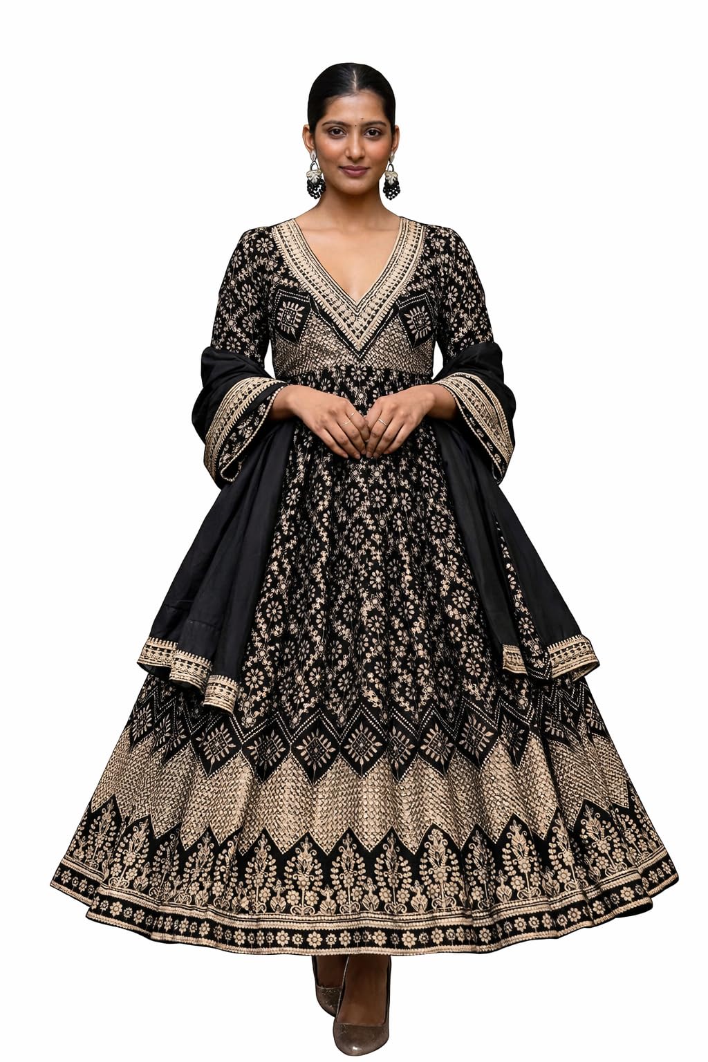 TRENDMALLS Women’s Georgette Embroidery sequence Work Anarkali Kurta Pant With Dupatta (G352-Black-3XL)