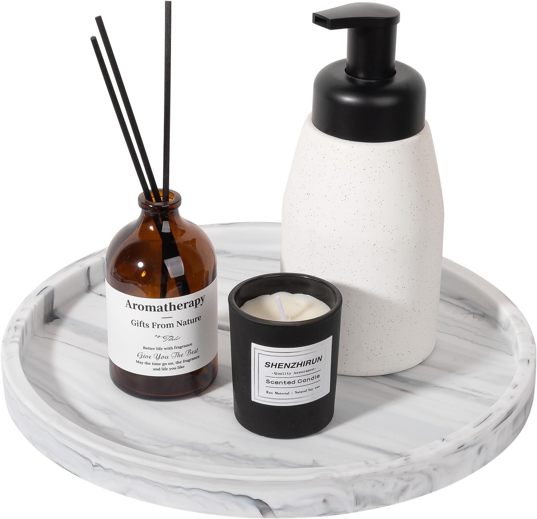 Silicone Bathroom Tray Round Vanity Tray Decorative Soap Holder Kitchen Countertop Organizer Coffee Table Decor for Candle, Perfume, Plant, 10 Inch, Marble Grey