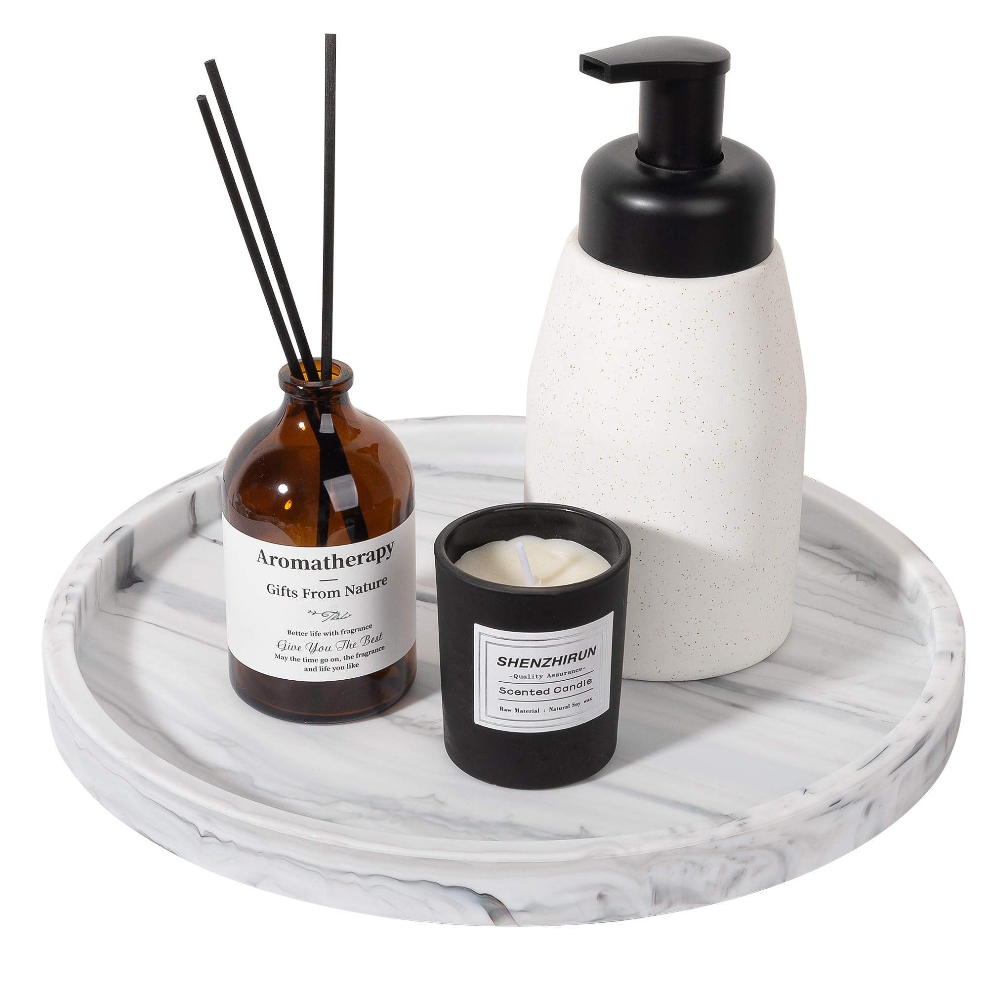 Silicone Bathroom Tray Round Vanity Tray Decorative Soap Holder Kitchen Countertop Organizer Coffee Table Decor for Candle, Perfume, Plant, 10 Inch, Marble Grey