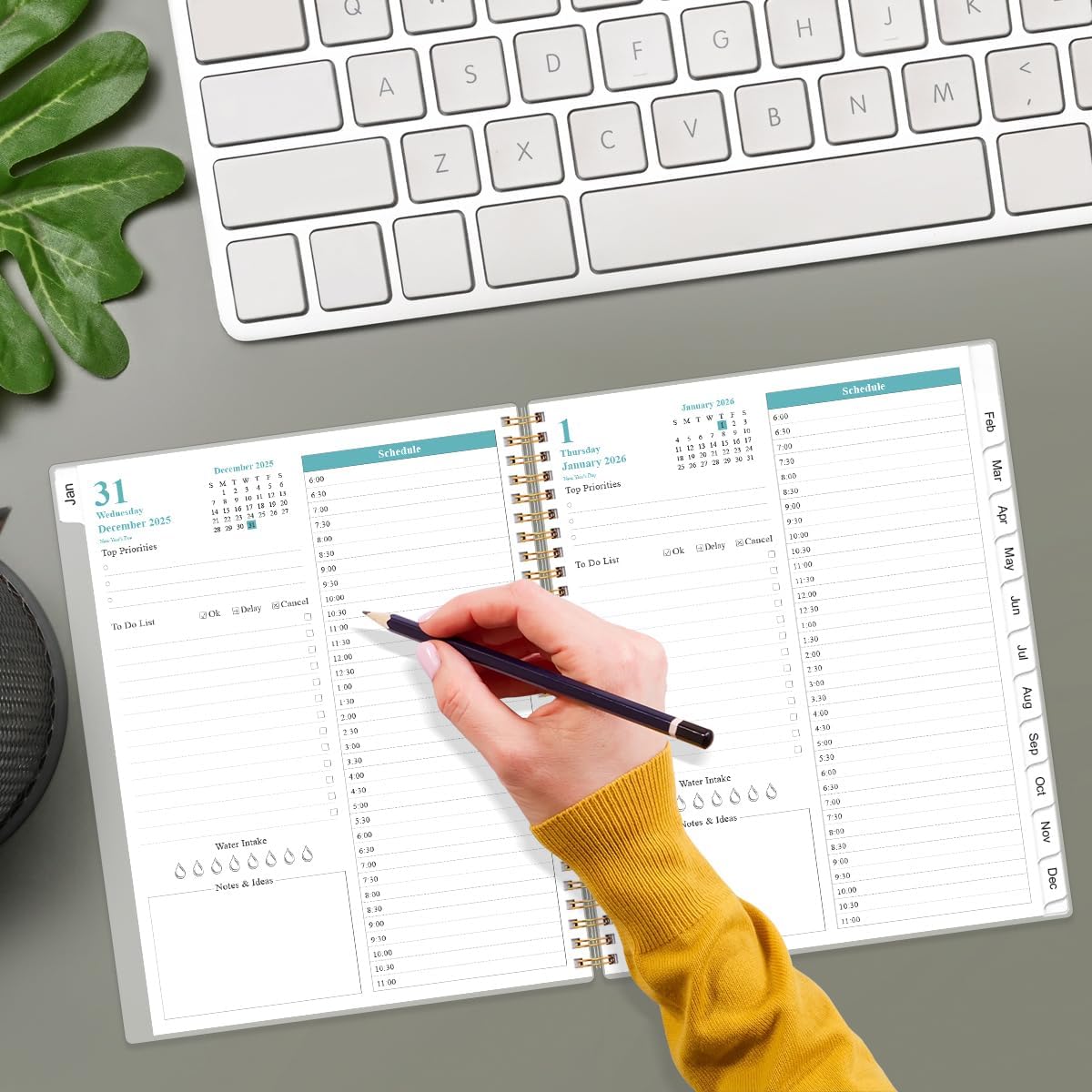2026 Daily & Monthly Planner - One Page Per Day, Daily Planner from January 2026 - December 2026, Planner 2026 with 12 Monthly Tabs, 8.5" x 11", Teal Flower