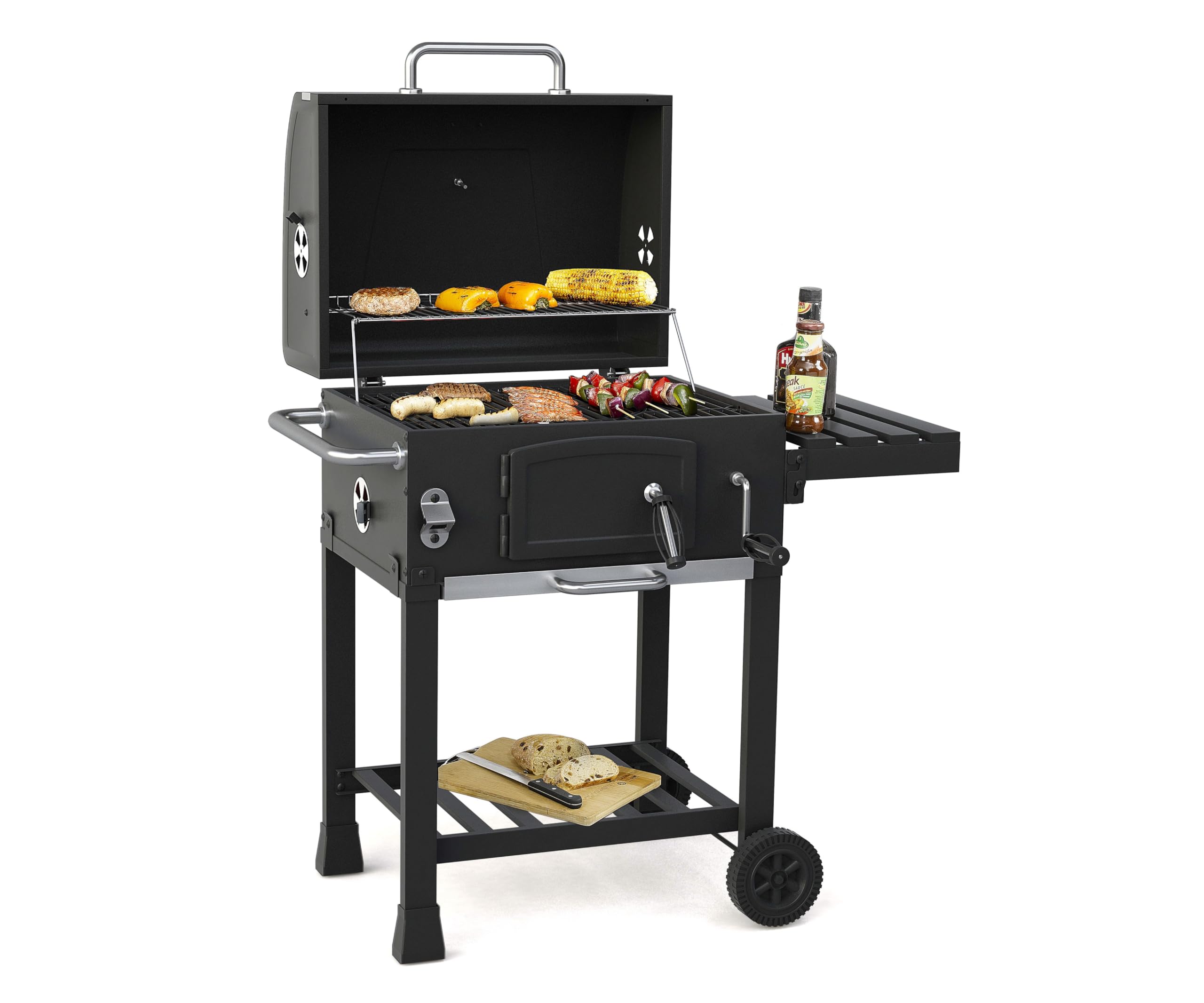 Grill na węgiel drzewny "Calgary" firmy El Fuego® | w zestawie z systemem "Rost-in-Rost" | ruszt do grillowania z żeliwa | design sejfu | w zestawie otwieracz do butelek | grill BBQ | AY 3722