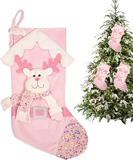 Medias de Navidad de color rosa, diseño de Papá Noel, muñeco de nieve, alce, medias de Navidad con lentejuelas, decoración de vacaciones familiares, bolsa de dulces decorativa de Navidad para