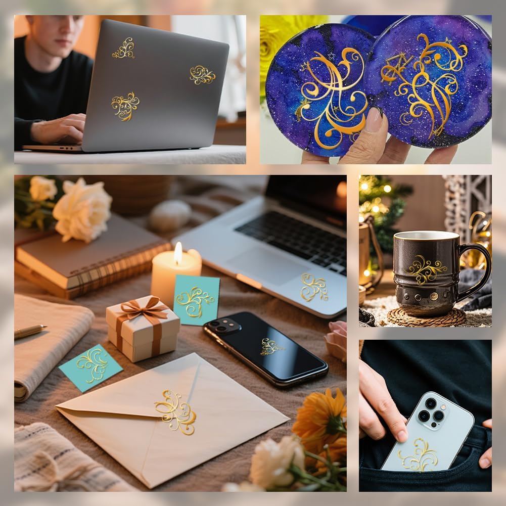 9Pcs Golden Self Adhesive Stickers 4cmx4cm Swirls Metal Decals Flourish Lines Waterproof Decorate Stickers for Scrapbooks DIY Resin Crafts Phone Water Bottle Decoration
