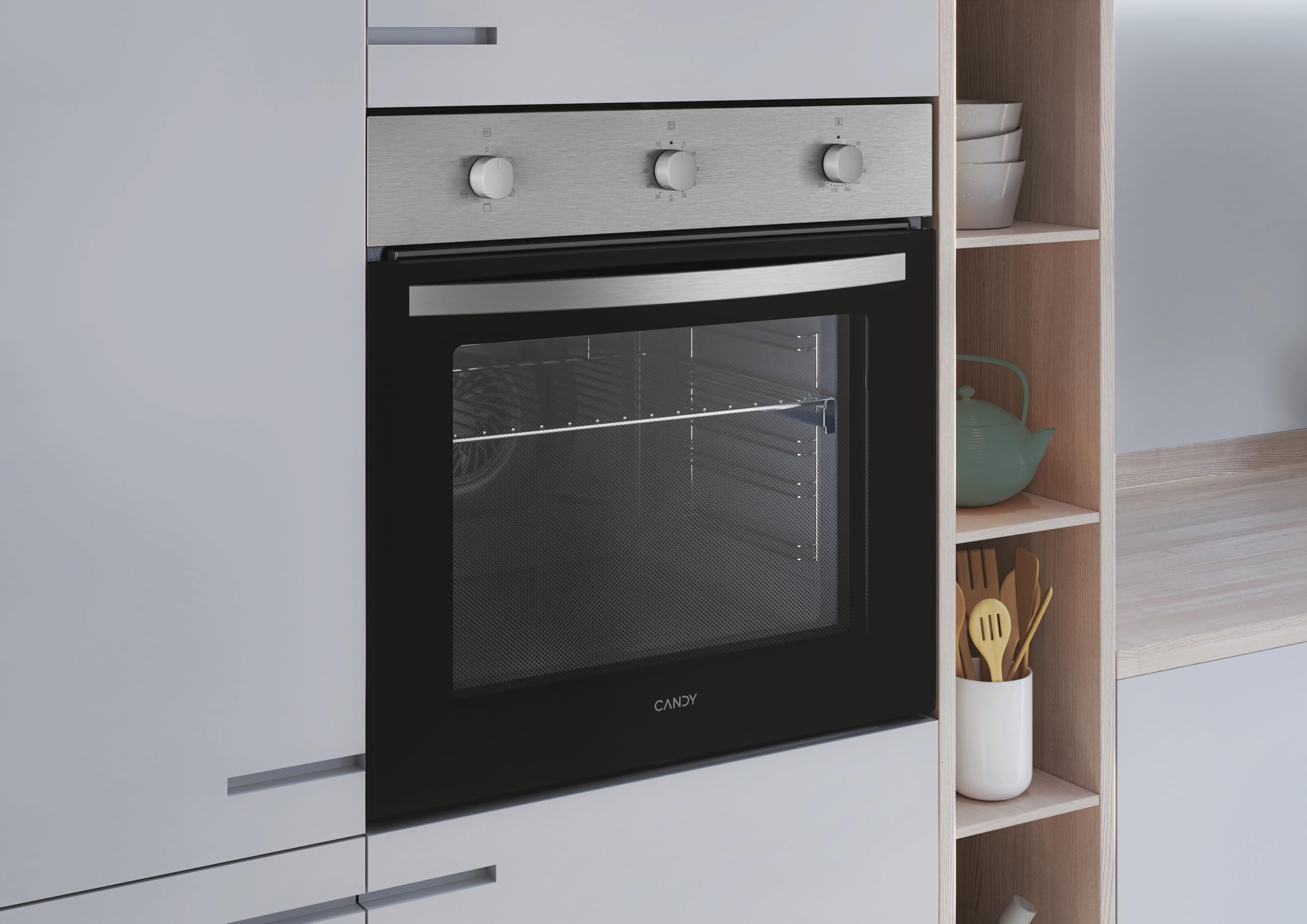 Candy Idea FIDC X532, Horno Multifunción, 65L, 1 Bandeja y 1 Rejilla, Guía Telescópica, Convección + Ventilador, 5 Funciones, 3 Mandos Mecánicos, 2100W, Puerta Doble Cristal, Inox y Negro