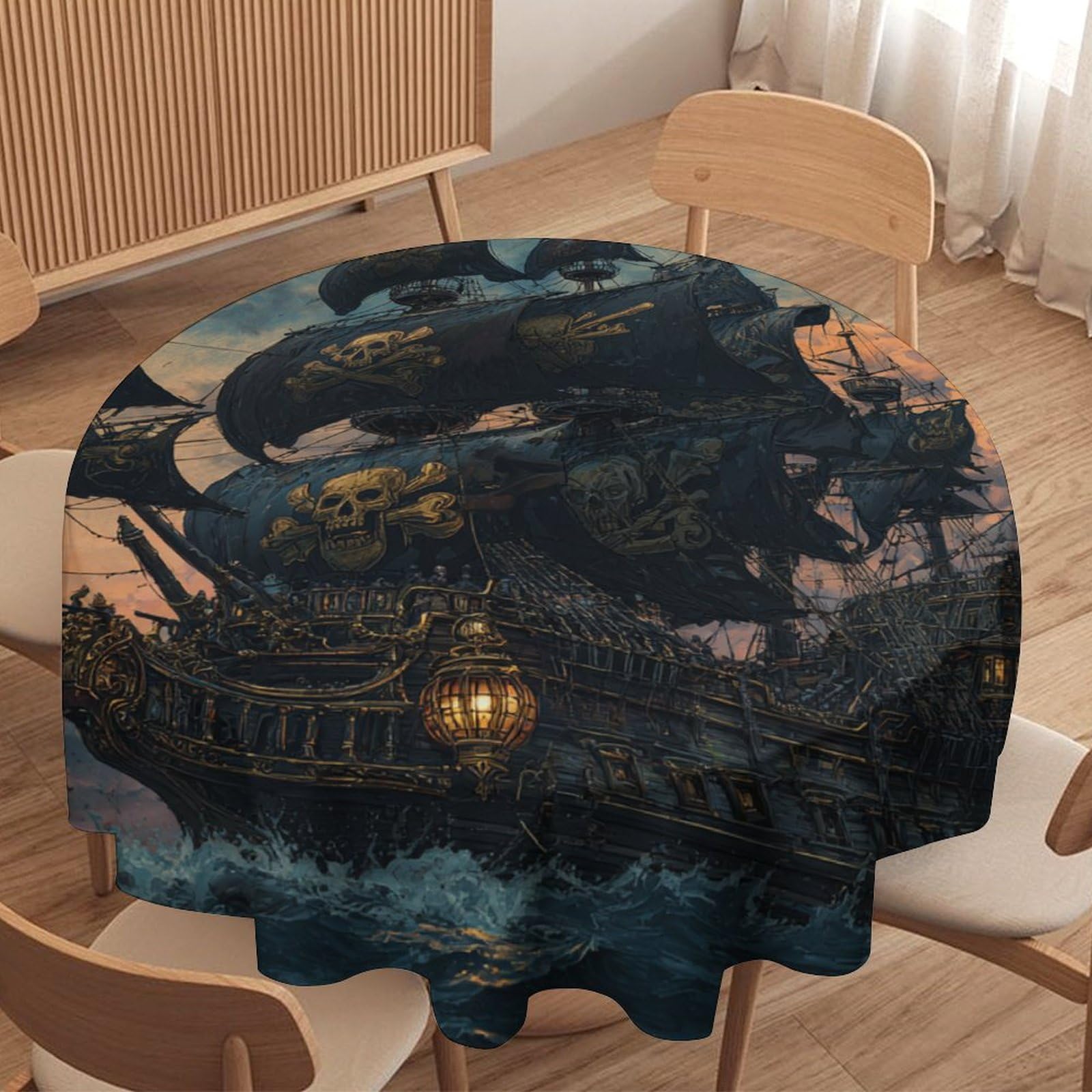 Luyysky Classic Nautical Pirate Ship Round Tablecloth Modern Oil Painting Sunset Ocean Waves Animal Bird Seagulls Washable Decor For Table Cover For Kitchen-152.4" Wx152.4 L Cm