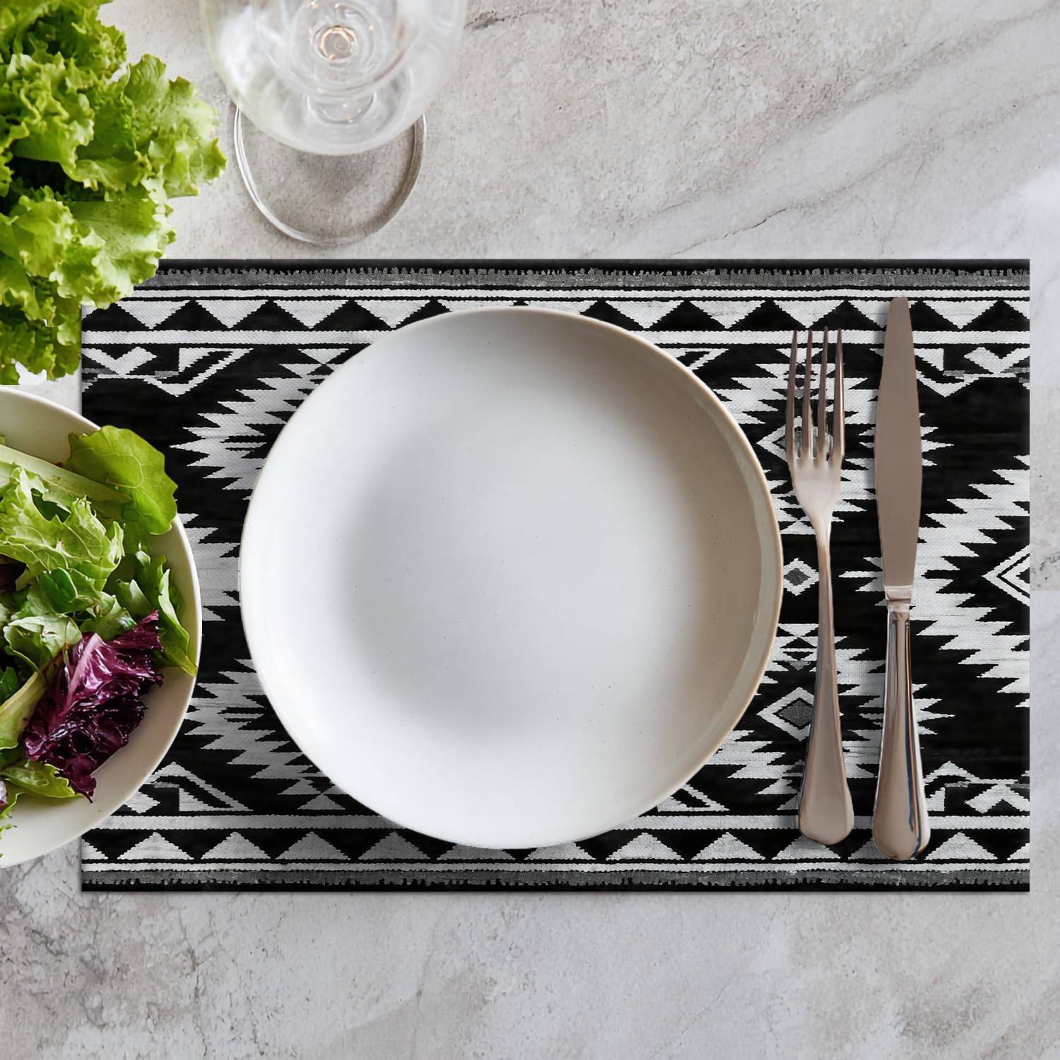 Batmerry Tribal Black and White Placemats,Modern Aztec Washable Linen Table Mats for Kitchen Table Double Insulation Decor Dining Set Indoor Outdoor 12X18 in Set of 4