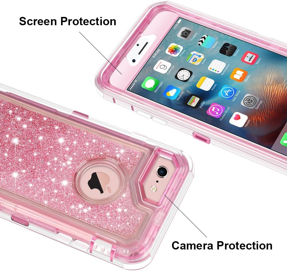 Anuck Case for iPhone 6S Case, for iPhone 6 Case (4.7 inch), 3 in 1 Hybrid Heavy Duty Defender Case Sparkly Floating Liquid Glitter Protective Hard Shell Shockproof TPU Cover - Pink