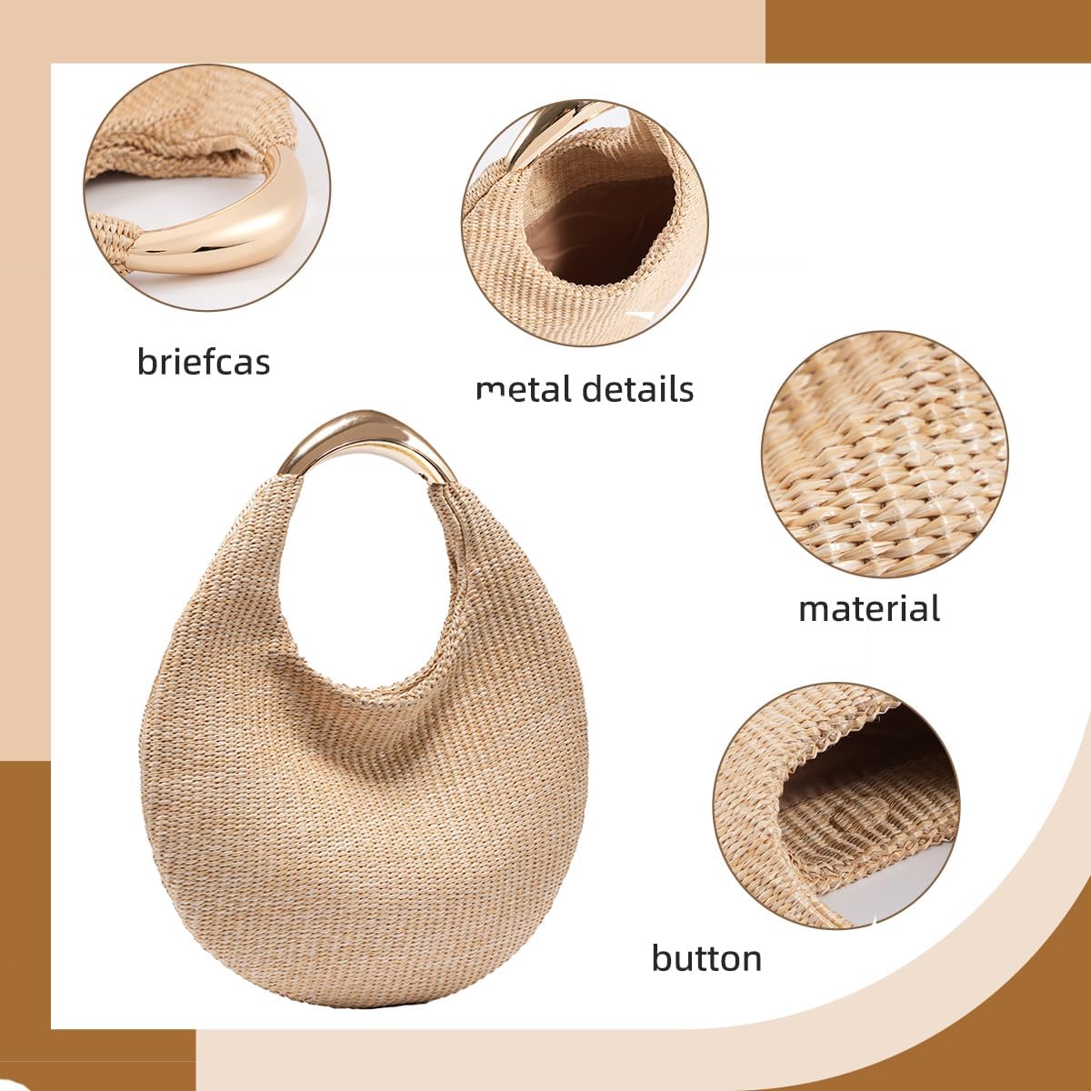 Straw Bag for Women, Boho Chic Woven Hobo Tote Handbag, Handmade Straw Crescent Purse, Lightweight Summer Beach Shoulder Bag - Image 5