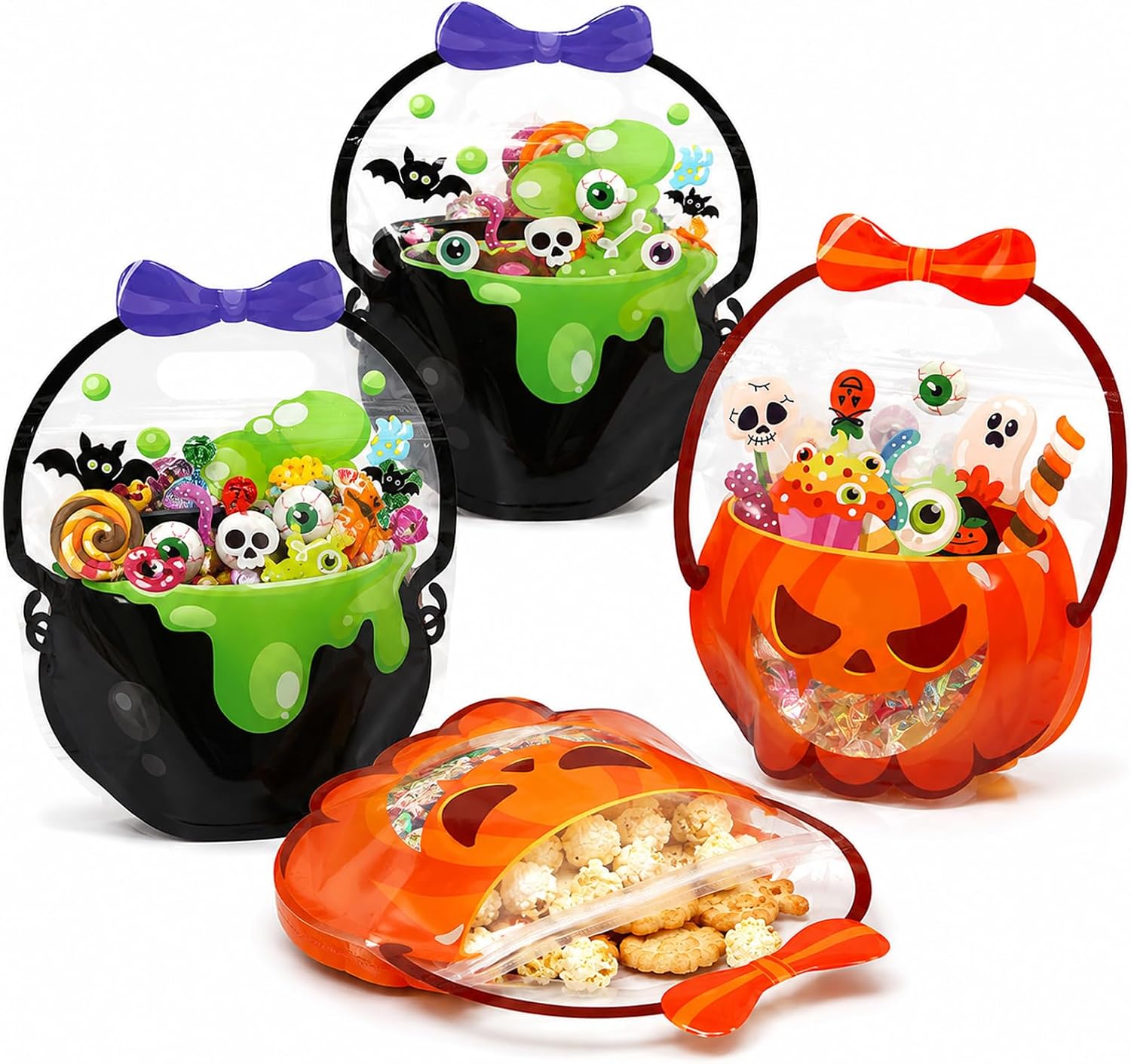 kbudra 50 Pack Halloween Treat Bags with Clear Window & Handles, Pumpkin & Cauldron Plastic Goodie Bags with Zipper Closure for Trick or Treating, Party Favors & Classroom Gifts