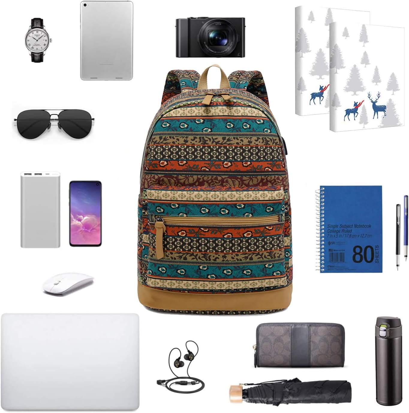 Travel Laptop Backpack with USB Charging Port, Water Resistant College Backpack with for Women,Bohemian