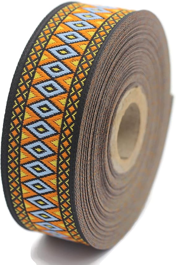 11 Yards Spool 1.1 Wide Orange and Blue Diamond Jacquard Ribbon Trim Craft Supplies Woven Border Sewing Trimming Ideas 28119