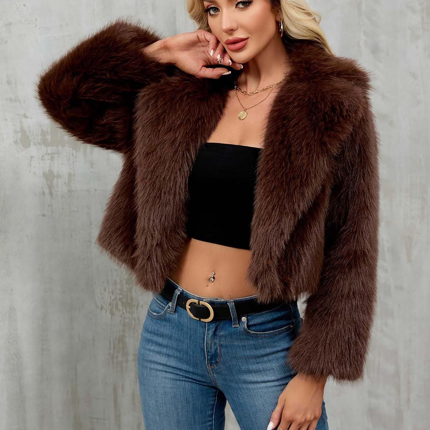 Lmdudan 2025 Winter Faux Fur Coats Women Fleece Cropped Jacket Long Sleeve Shaggy Warm Overcoat Lapel Open Front Outerwear