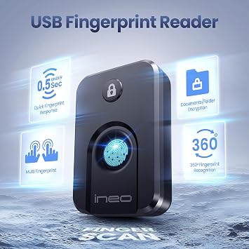 ineo USB 指紋リーダー Windows 10/11、Windows Hello、ワンタッチログイン&スクリーンロック、プラグアンドプレイ、パスワードフリー、5フィートケーブル