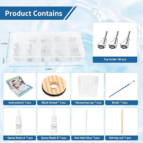 Miniatura 5 de Kit de reparación de puntas de caña de pescar 40 piezas de 8 tamaños guías superiores, resina epoxi de 1 oz, cepillo, taza medida, kit de reemplazo