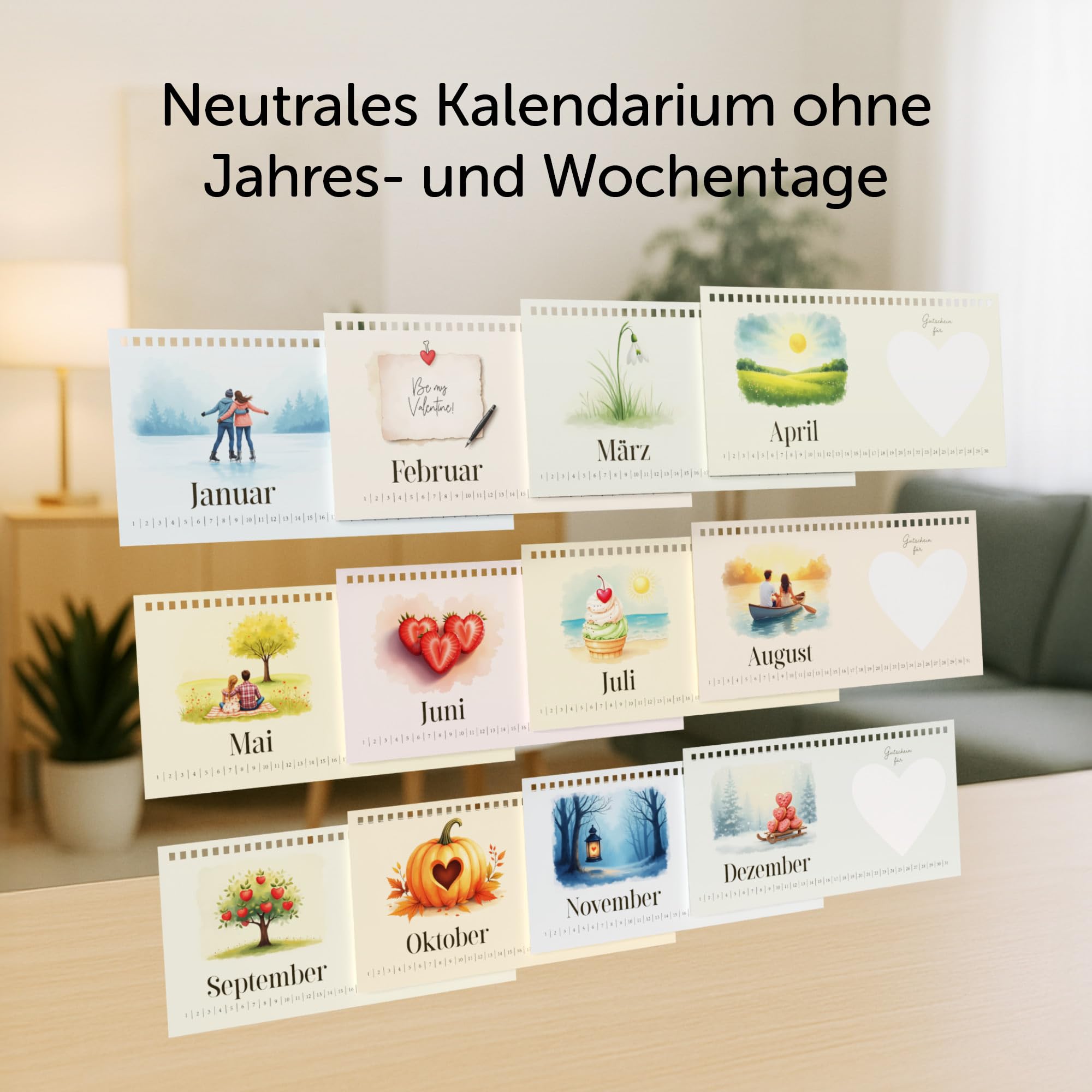 Gutscheinkalender für Paarzeit und Dates, Tischkalender DIN Lang mit 12 Seiten und Rubbelaufkleber, neutraler Kalender, Gutscheine zum selber ausfüllen, Gutscheinbuch Kalender