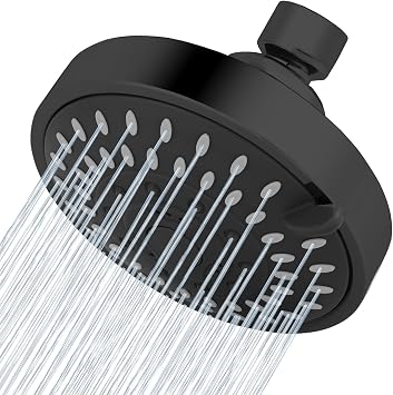 Voolan High Pressure Shower Head - 4 Inch Rain Showerhead - High Flow Bathroom Shower with 5 Spray Settings For a Luxury Showering Experience Even with Low Water Pressure Black