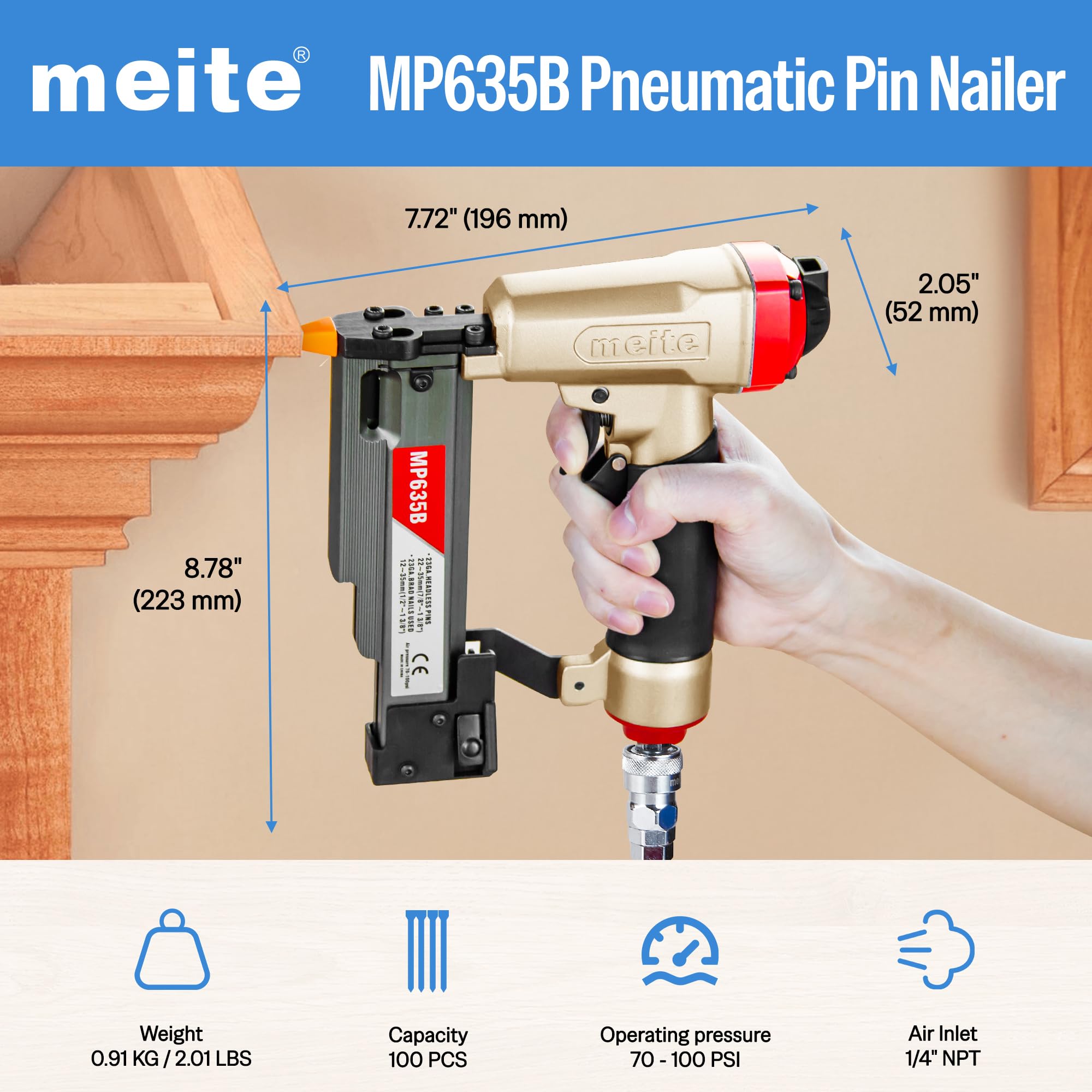meite MP635B Pin Nailer, Pneumatic 23 Gauge Pin Nailer, Air Micro Pin Nail Gun, Fits 12 mm to 35 mm 23 Gauge Pin Nails - Image 2