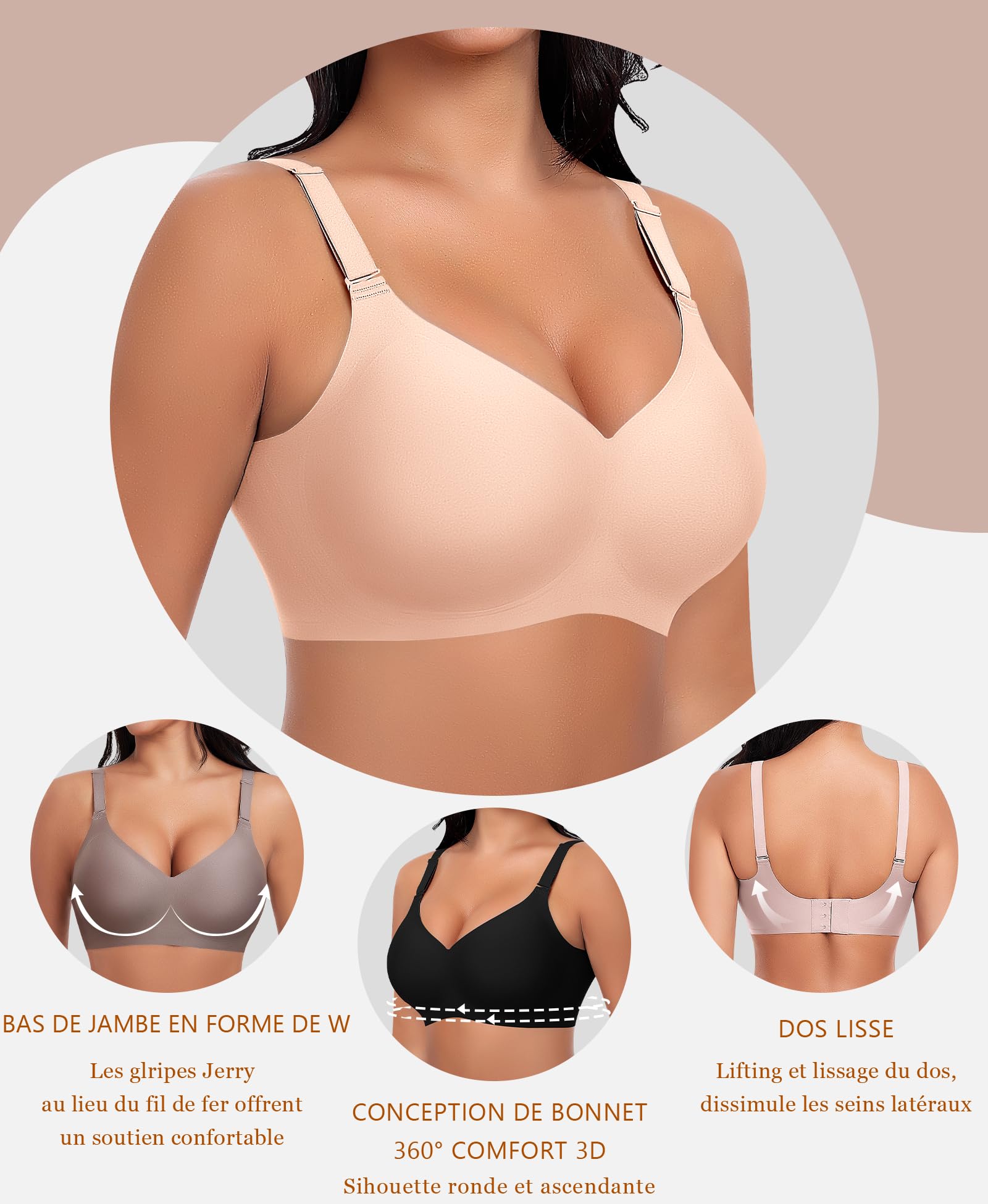 Ganado Soutien Gorge sans Armature Brassière Femme Push up Col en V Bralette Comfit Brassiere sans Coutures