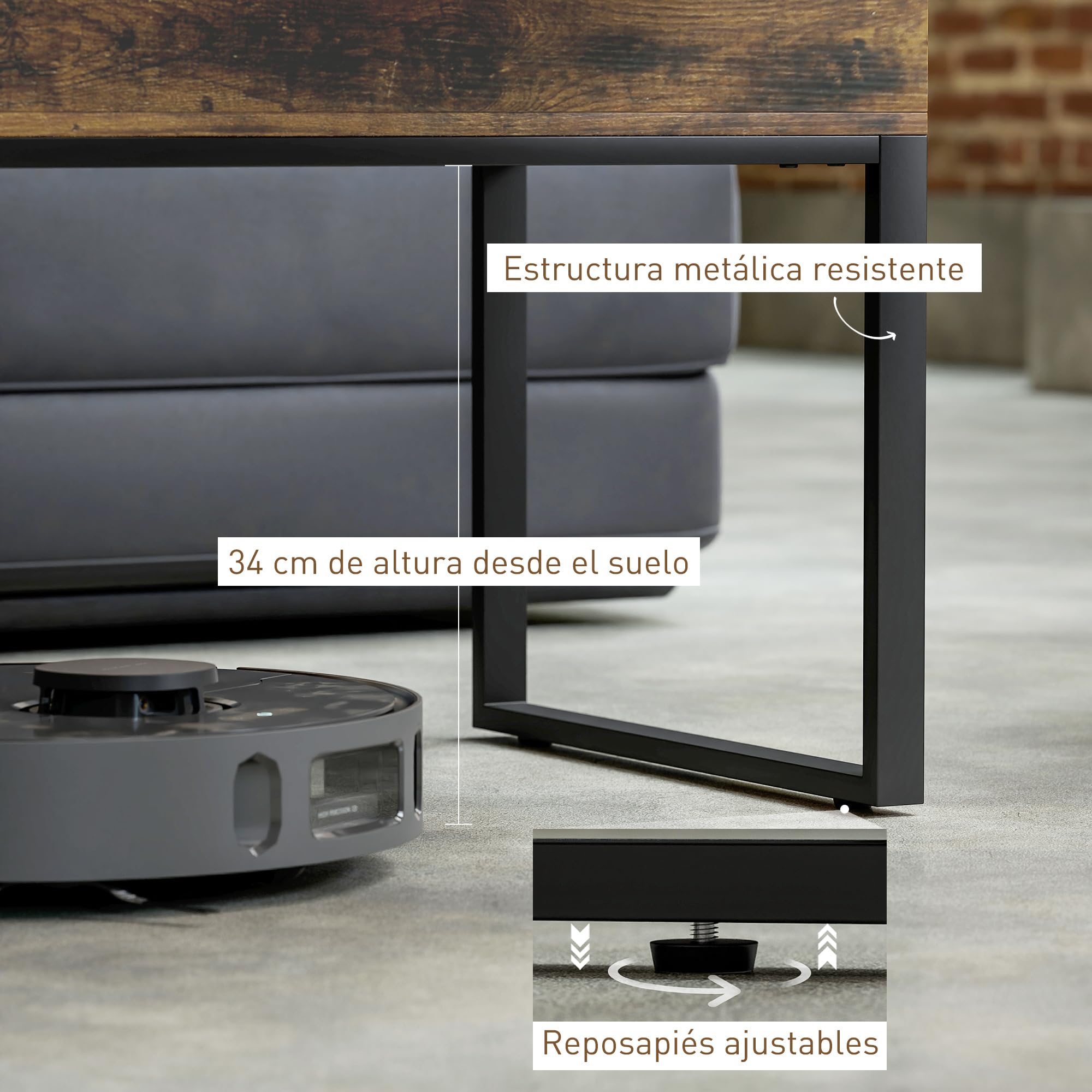 HOMCOM Mesa de Centro Elevable Cierre Suave 100x45x67 cm Marrón Rústico | Mesa de Café, Encimera Deslizante, Espacio Oculto de Almacenaje