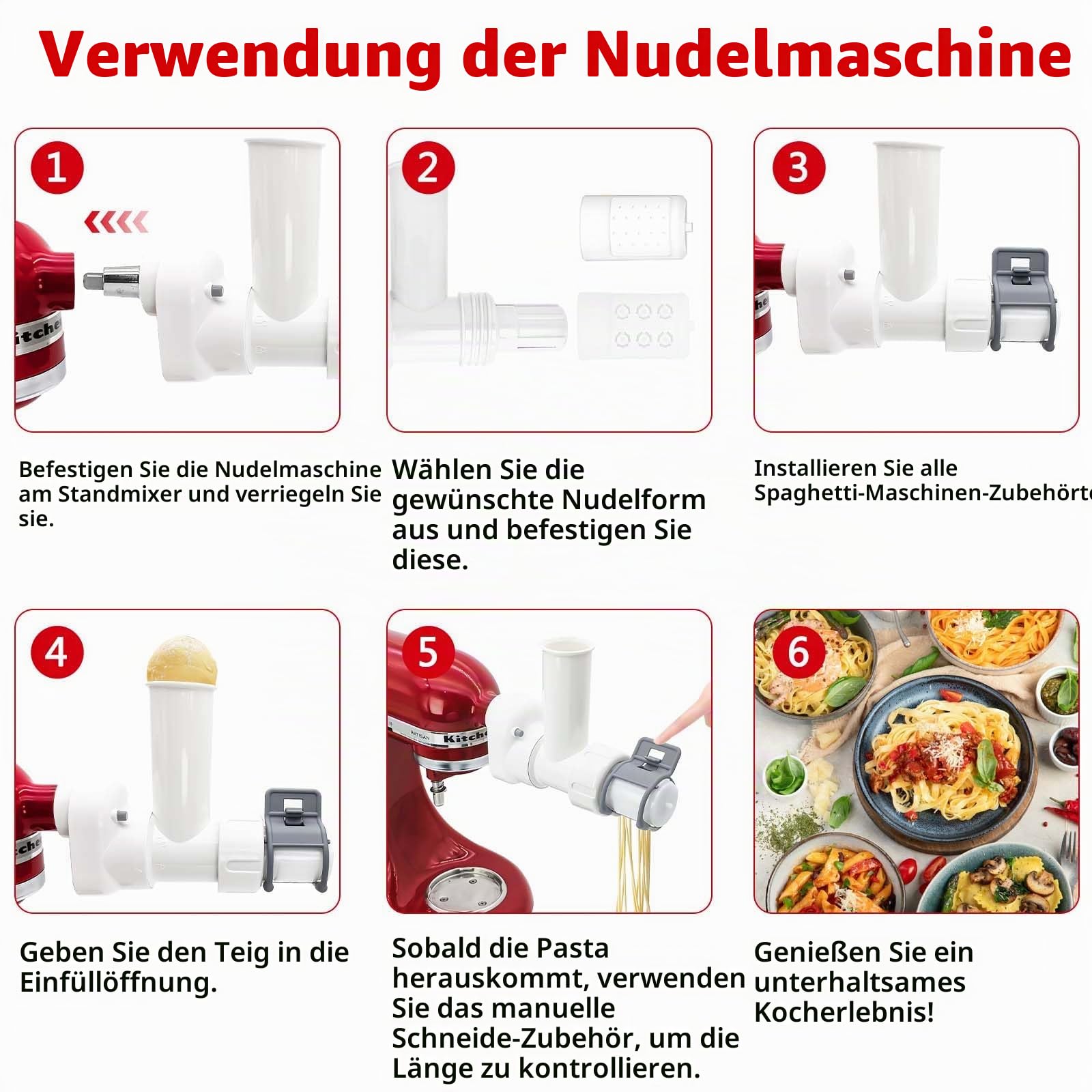 Nudelaufsatz kompatibel mit Kitchen Aid Standmixer, 6 Nudelformen, 6 in 1 Nudelkocheraufsätze