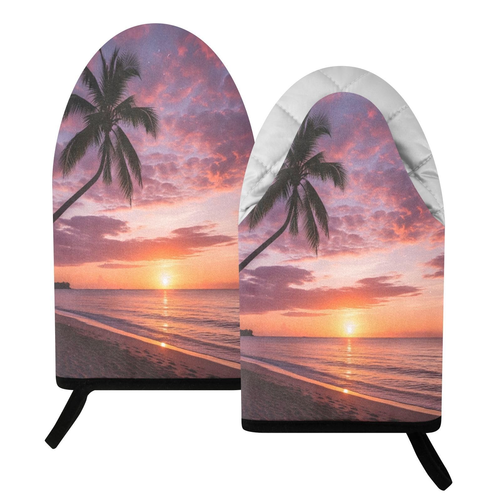 BURSTDDY Seaside Sunset Oven Mitt,Heat Resistant Kitchen Mitts for Cooking